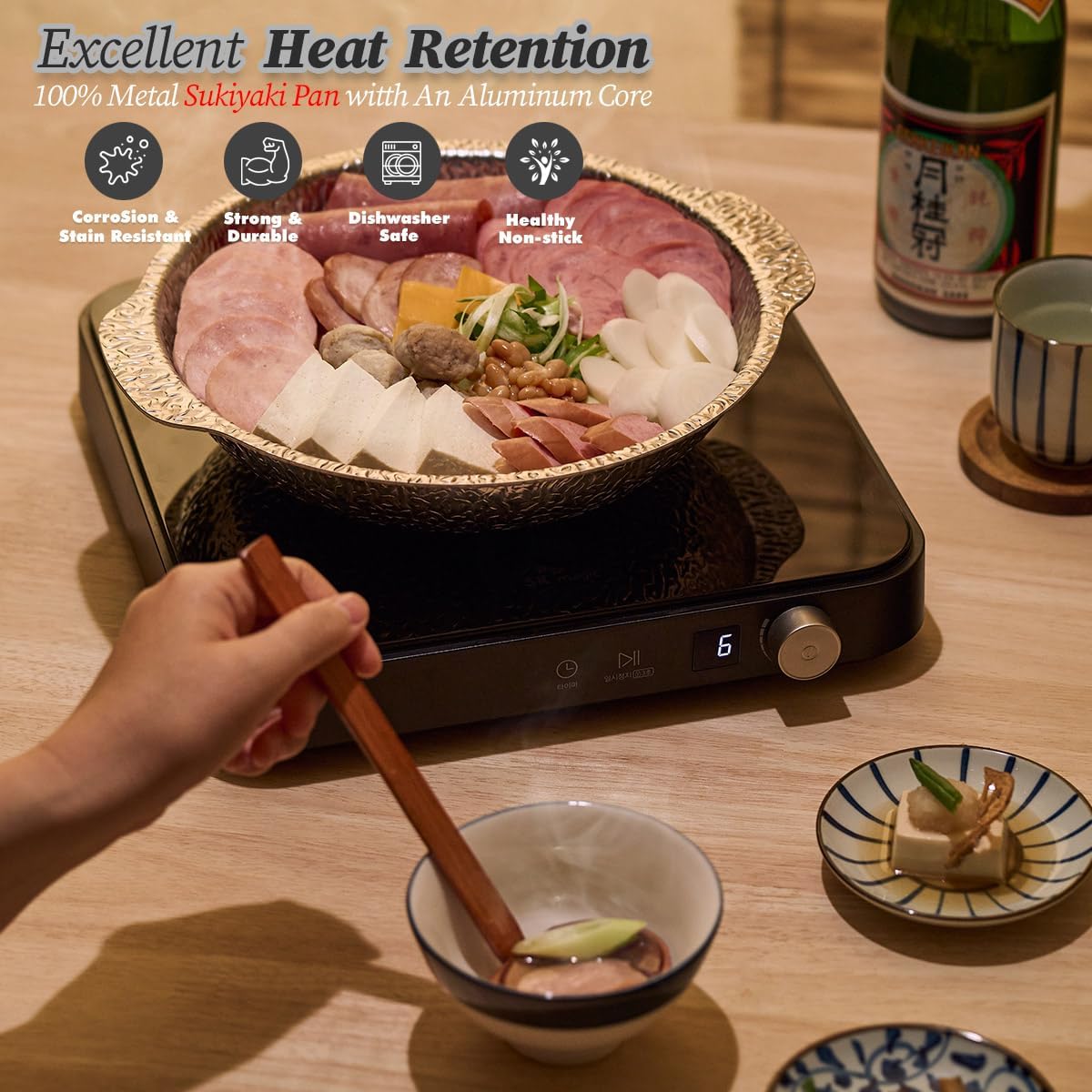 WAGENSTEIGER Stainless Steel Serving Platter, Buffet Party & Catering Pans, Candy Bowl, Ramen Cooking Bowl, 3-Ply Sukiyaki Pan with Aluminum Core (9.45" Diameter With Handles)