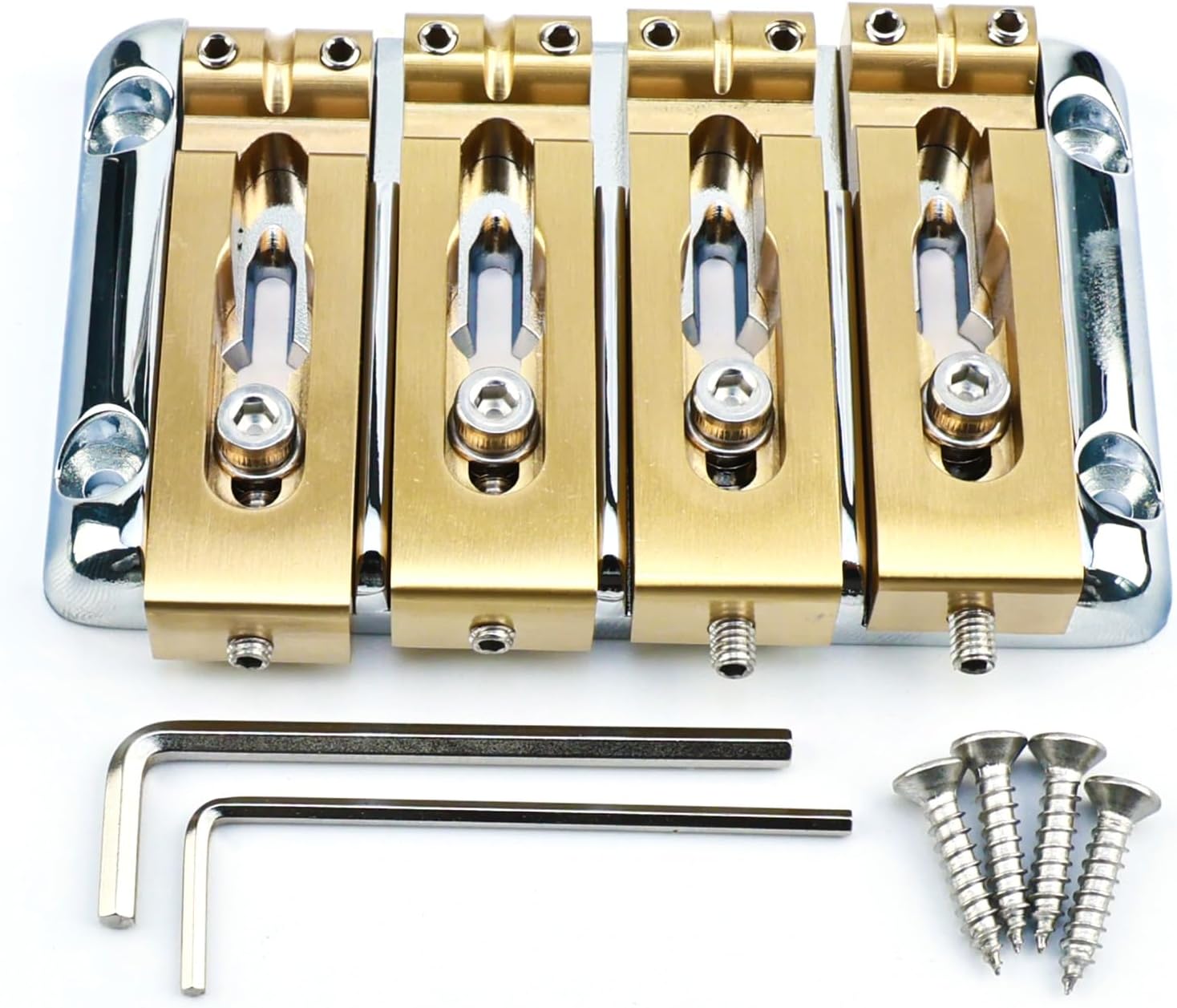 4-String Bass Fixed Bridge，Electric Bass Guitar Bridge with Brass Saddle Zinc Alloy Plate 20mm(25/32") String Spacing ，Compatible with Jazz Precision Bass Replacement Parts （Chrome）