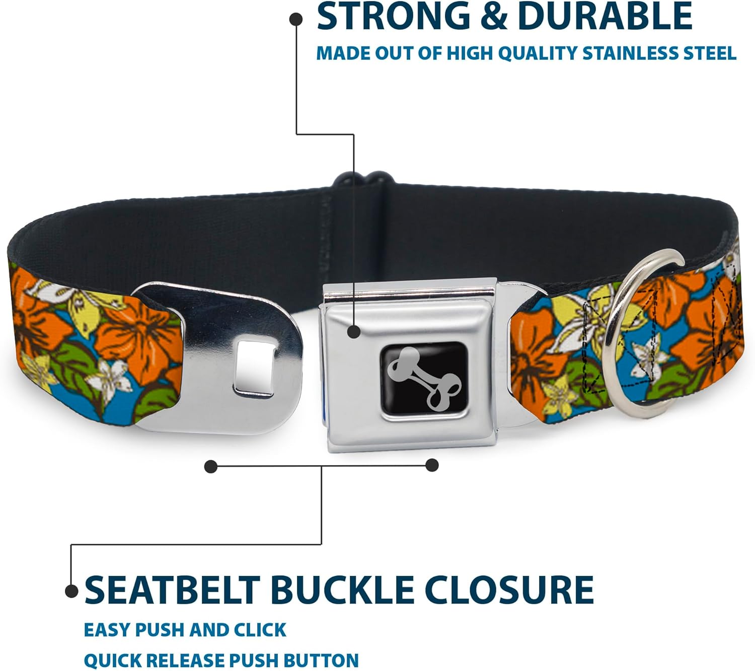 Buckle-Down Seatbelt Buckle Dog Collar - Hibiscus Collage Blue/Orange/Yellow - 1.5" Wide - Fits 18-32" Neck - Large