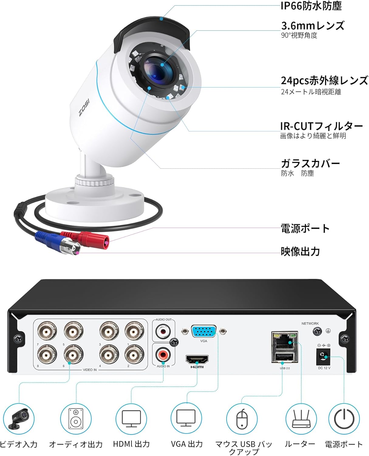 ZOSI HD防犯カメラ 8台セット