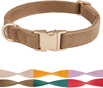 Soft Corduroy Dog Collar with Safety Metal Buckle Small,Brown | Thick corduroy fabric,Gentle On Fur,metal D-ring,Wedding & daily walking,Suitable for boy girl small medium large dogs