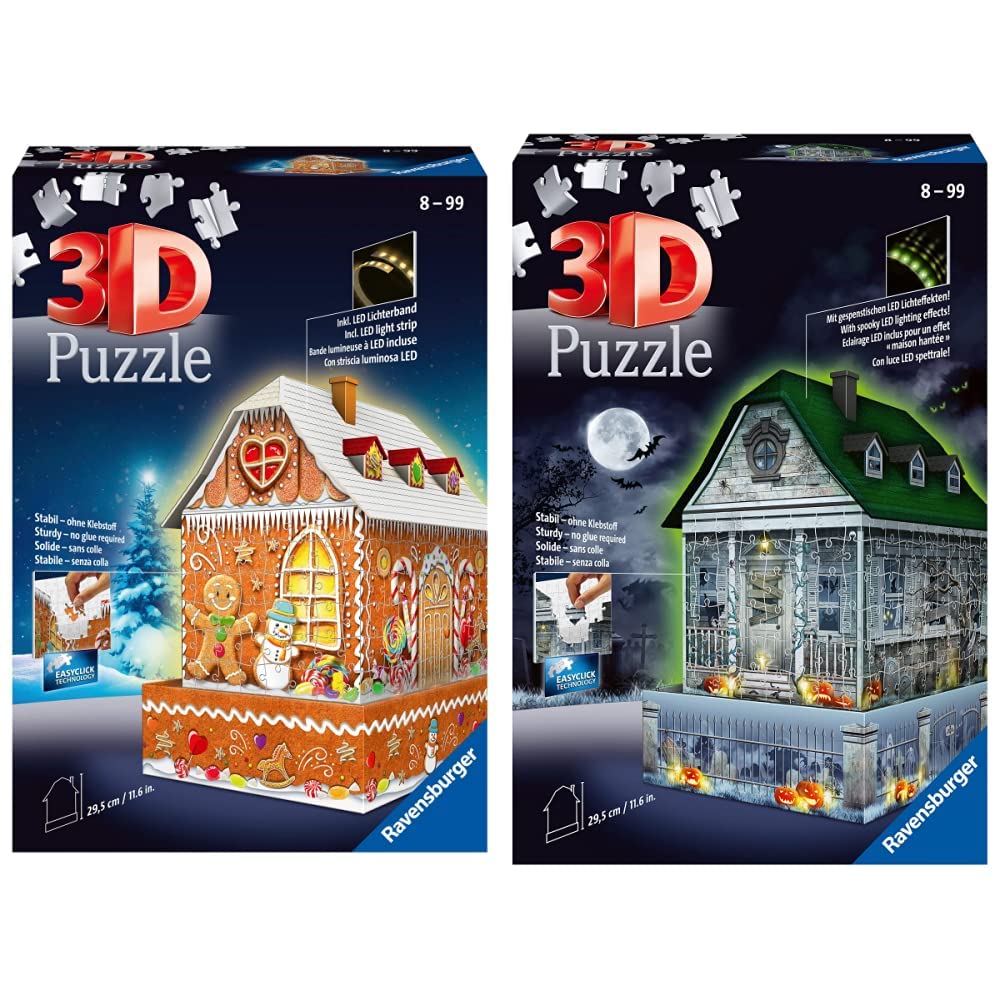 11237 - Lebkuchenhaus bei Nacht - 3D Puzzle für Kinder und Erwachsene, Leuchtet im Dunkeln & Gruselhaus bei Nacht 11254-257 Teile - für Halloween Fans ab 8 Jahren
