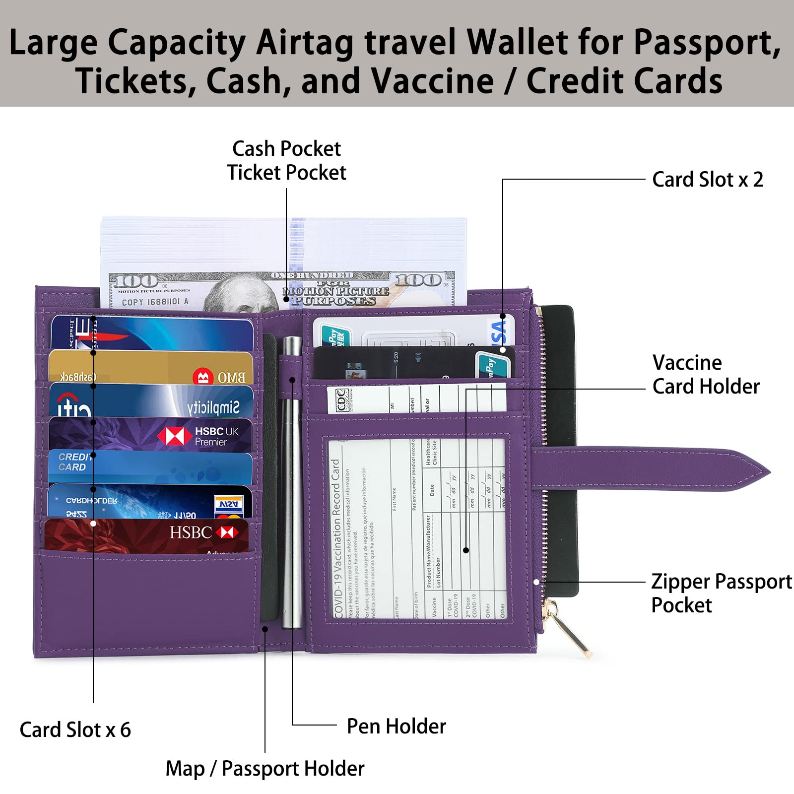 Skórzany portfel podróżny RFID dla kobiet, wąski, podróżny uchwyt na paszport z uchwytem na kartę kredytową, lekki składany organizer na paszport z kieszenią na zamek błyskawiczny, Fioletowy, Moda
