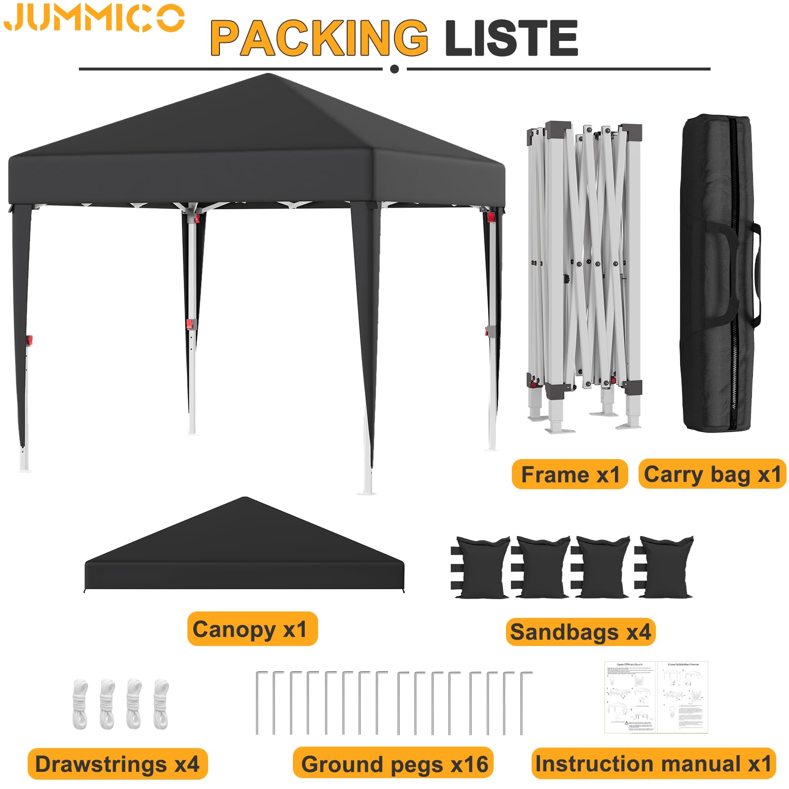 JUMMICO Gazebo Pieghevole 2x2 Piegatura e Riposizione Facili Protezione Anti-UV Altezza Regolabile Impermeabile e Stabile Ideale per Giardino, Campeggio, Feste e Altro Ancora Grigio
