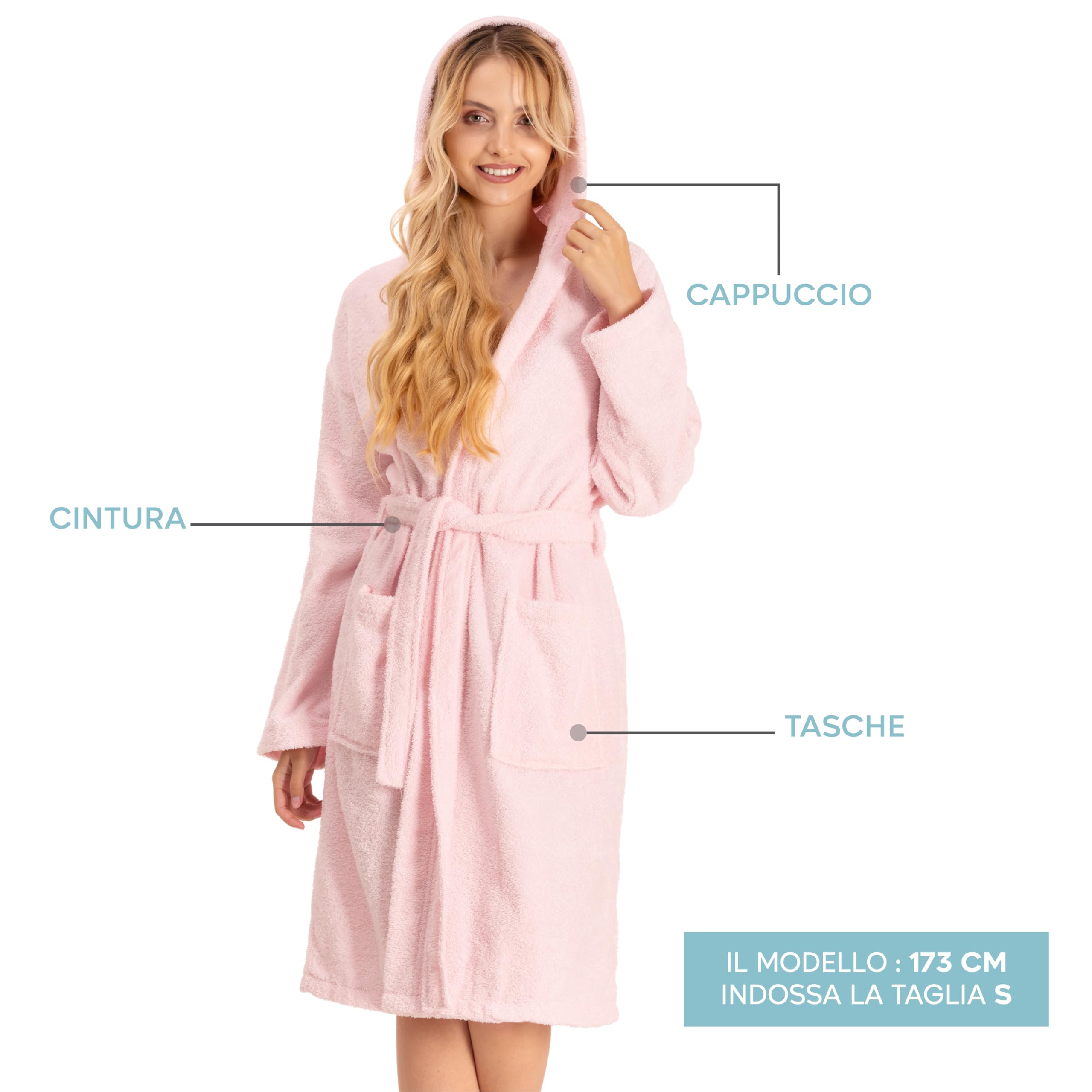 Accappatoio per Donna con Cappuccio in Spugna Certificato Oeko Tex - 2 Tasche, Cintura - Vestaglia - per Uscire dalla Doccia, Assorbente e Confortevole