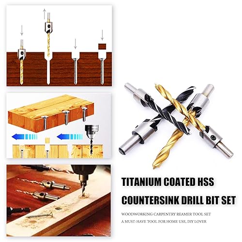 Miniatura 5 de Juego de 7 brocas avellanadas con revestimiento de titanio, juego de brocas para madera de acero de alta velocidad, juego de herramientas de