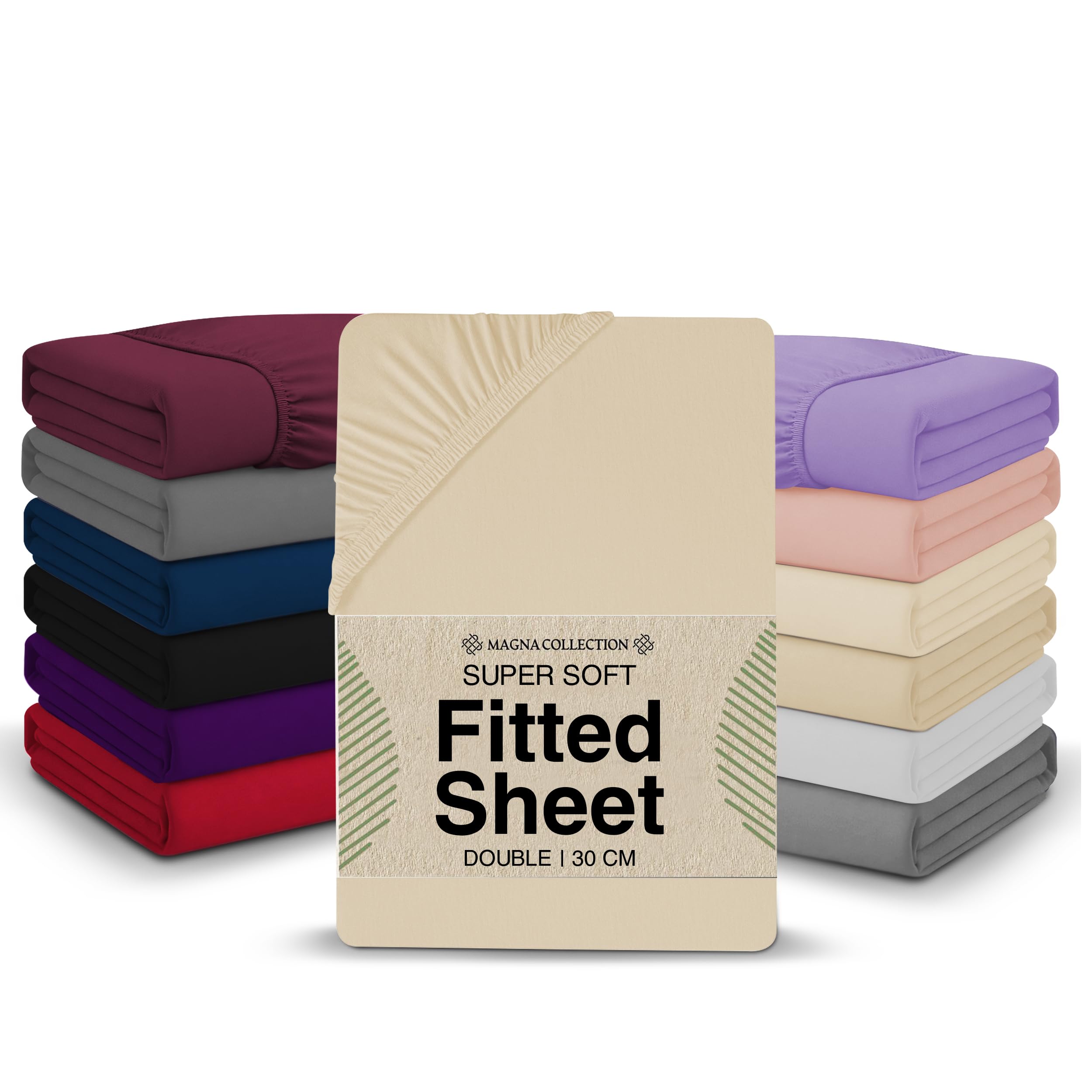 Double Fitted Sheet - 135 x 190 cm with 30cm Deep Pocket, Soft Brushed Microfibre, Wrinkle-Free, Easy Care, Fade & Shrink Resistant by MAGNA COLLECTION (Cream, Double)