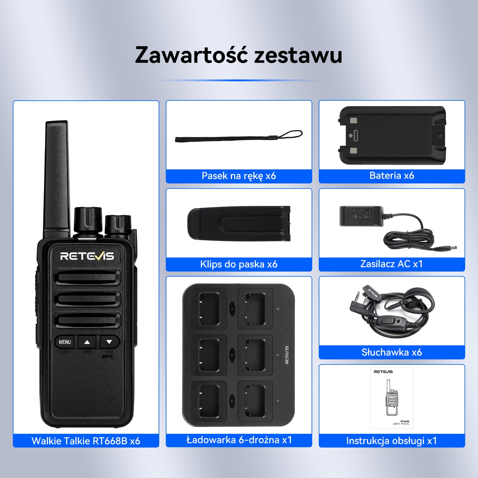 Retevis RT668B Walkie Talkie, z Sześcioma ładowarkami, PMR446 2 Way Radio, USB-C, 16 Kanałów, Akumulatorowe Walkie Talkie do Bezpieczeństwa, Restauracji, Magazynu (Czarne, 6 szt.)
