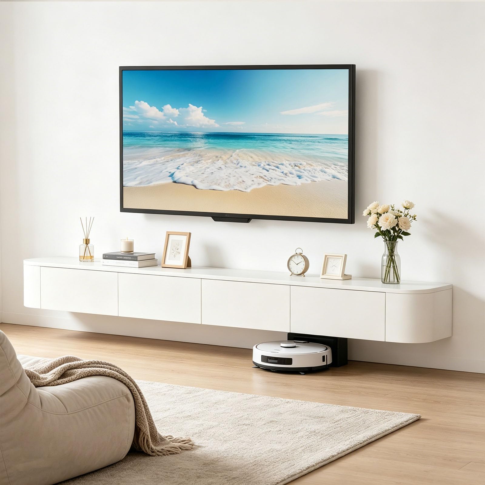 Floating TV Unit 200 CM, Modern Media Wall Mounted TV Cabinet, White