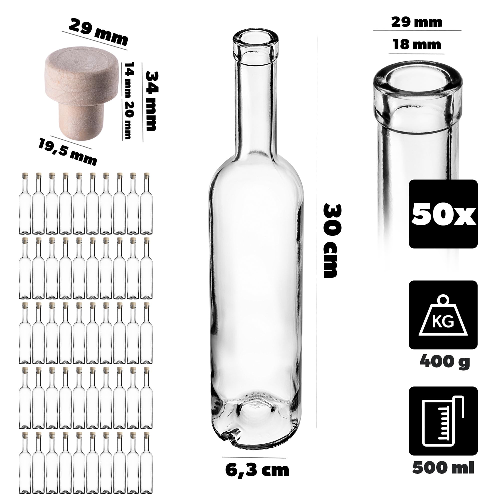 KADAX 50er Set Glasflaschen 500ml mit Korken – Leere Flaschen zum Befüllen für Likör, Schnaps, Öl & Essig, ideal zum Verschenken, Refillable Glass Bottles