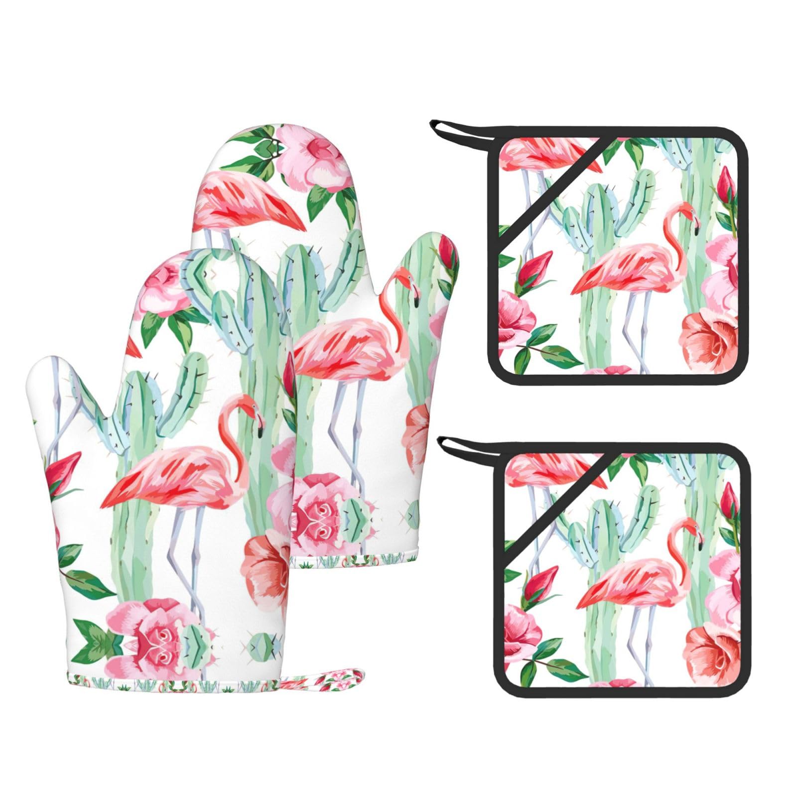 Cactus Flamingo Rose Flowers Trendy Printed Kitchen Set with Heat Resistant Gloves & Non-Slip Hot Pads for Baking & Grilling