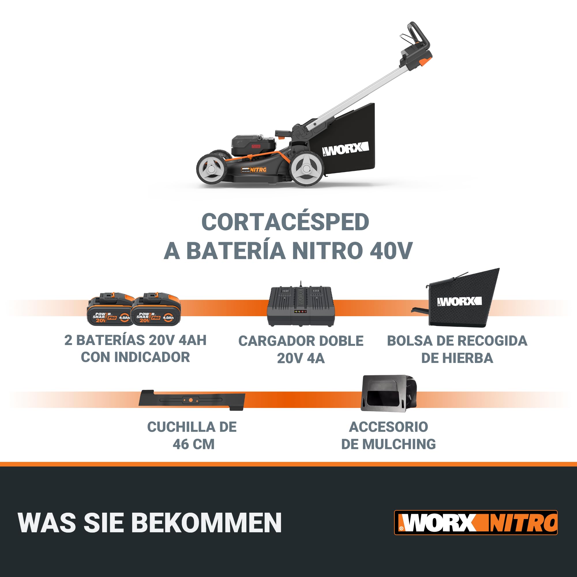 WORX - Cortacésped sin escobillas inalámbrico 20V-2*20V -4Ah - WG748E - Ø46cm - Hasta 500m² con una carga (Corta hasta los bordes, entregado con 2 baterías, un cargador, bolsa de 55 L, mulching)