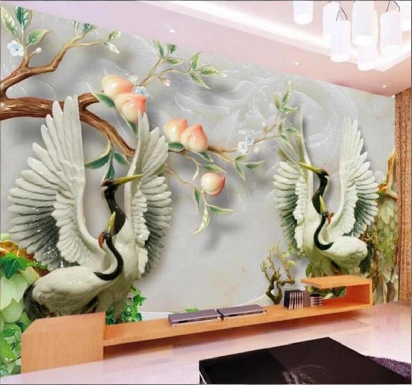 Creative Jade Carving Peach Tree Flying Birds Marble Effect 3D Wallpaper Easy Install Feature Office Living Room Sofa Bedroom TV Background Wall Decoration-150cm×105cm