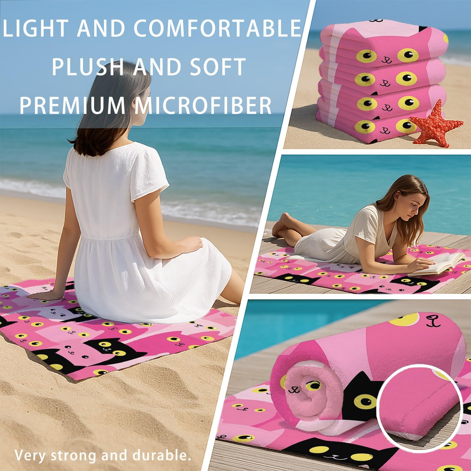 Générique Serviette de Plage Microfibre 200 x 100 CM,Drap de Plage Espiègle, Mignon, Dessin animé, Couverture de Plage Absorbante,Couverture de Bain Chat Rose
