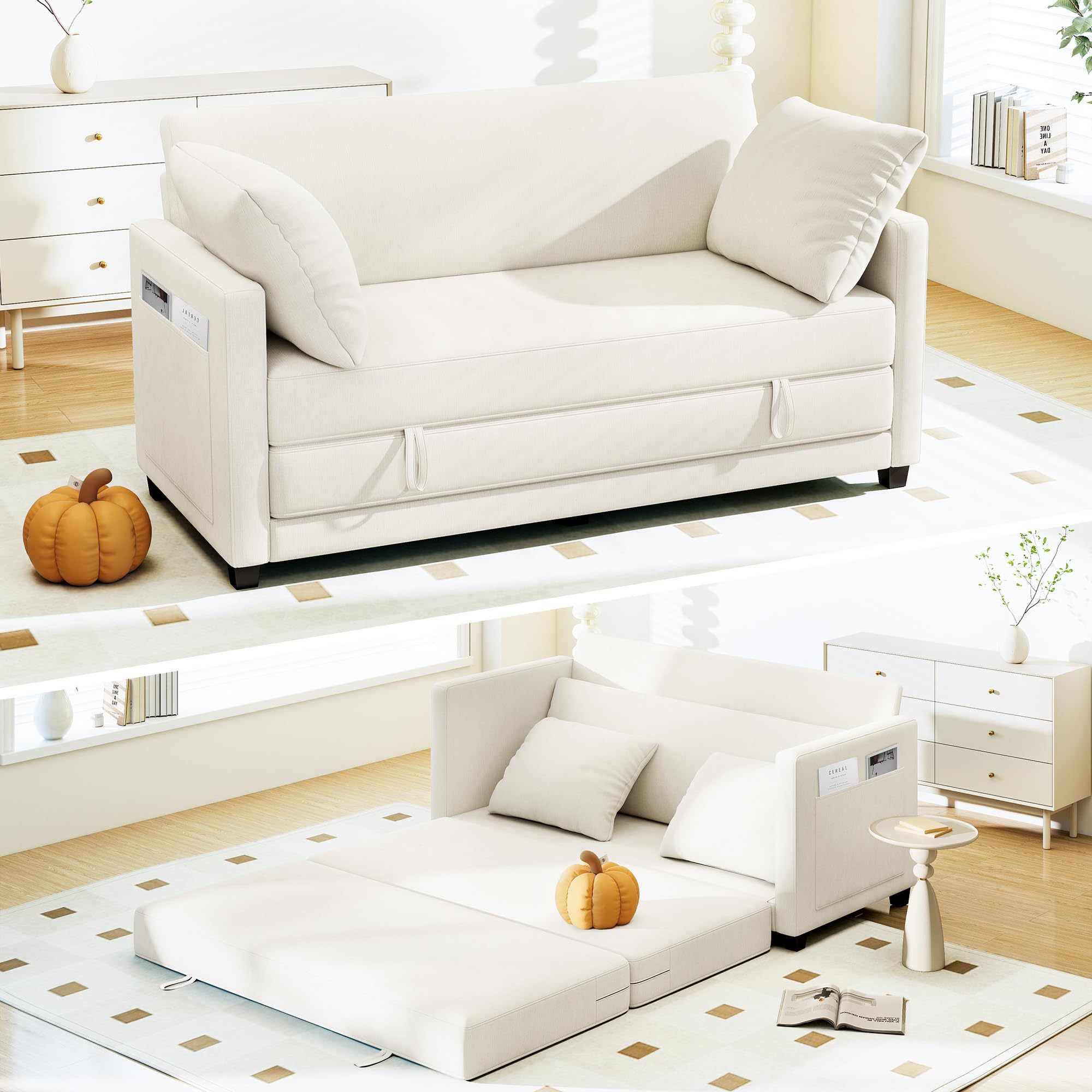 SEE DESCRIPTION 65" Convertible Loveseat Sofa Bed, 2-in-1 Folding Sofa Bed with 2 Pillow for Small Spaces, Modern Loveseat Sleeper Couch for Apartment, Living Room & Guest Room (Beige Chenille, 65 inch)