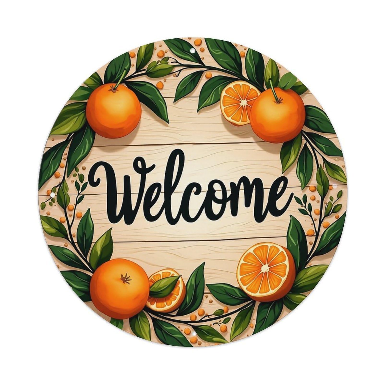 Orange Leaves Wood Welcome Pattern Retro Metal Sign Round Tin Sign, Vintage Decor Art Poster for Bar, Home, Man Cave, Kitchen, Laundry Room Gift 8x8Inch