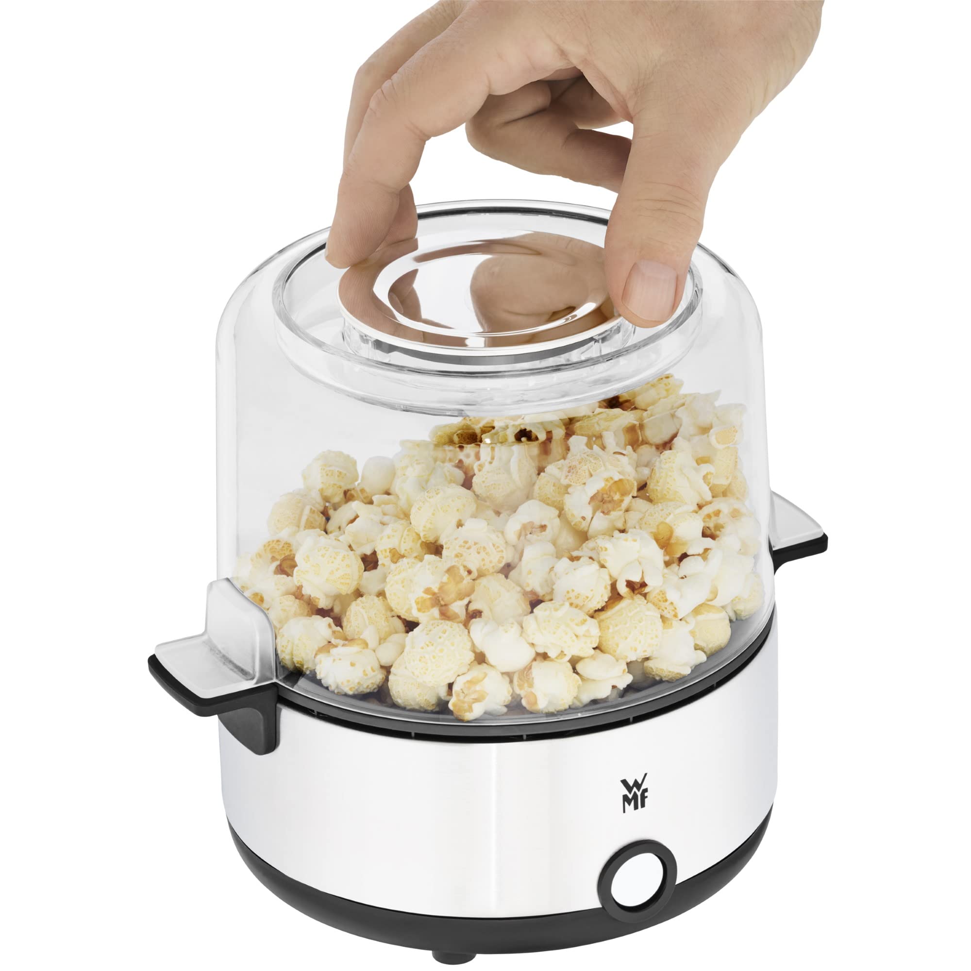 WMF KITCHENminis - Macchina per popcorn, piastra riscaldante rivestita, coperchio per servire, apertura per sciogliere il burro, preparazione con zucchero e sale, salvaspazio, in acciaio inox opaco
