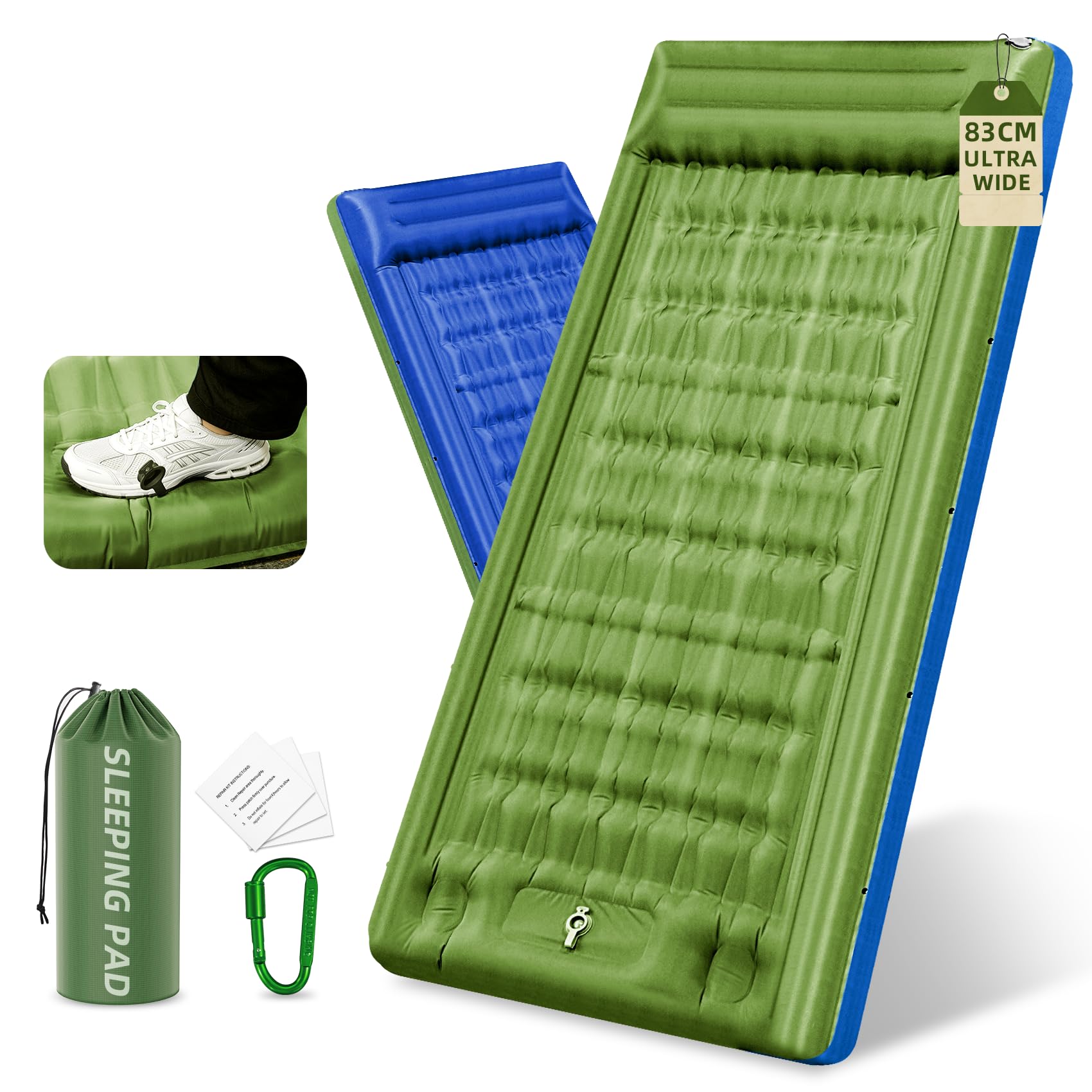 futrue-wolker Inflatable Sleeping Mat (Foot Pump), 83 cm Ultra Wide Camping Air Mattress, 13 cm Thickened Inflatable Mattress for Hiking, Sunbathing, Cycling Tents, Green with Blue