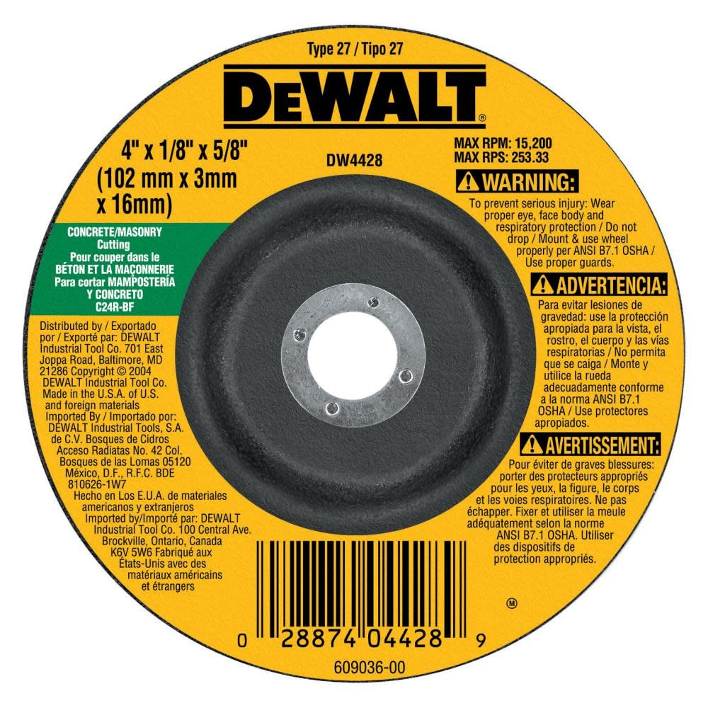 DEWALT DW4428 4-Inch by 1/8-Inch by 5/8-Inch Concrete/Masonry Cutting Wheel , Black