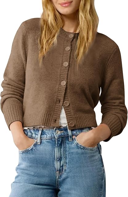 Urban CoCo Women's Crew Neck Cropped Cardigan Sweaters Long Sleeve Open Front Button Down Shrug Sweater Jackets