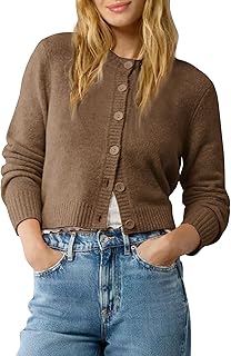 Urban CoCo Women's Crew Neck Cropped Cardigan Sweaters Long Sleeve Open Front Button Down Shrug Sweater Jackets