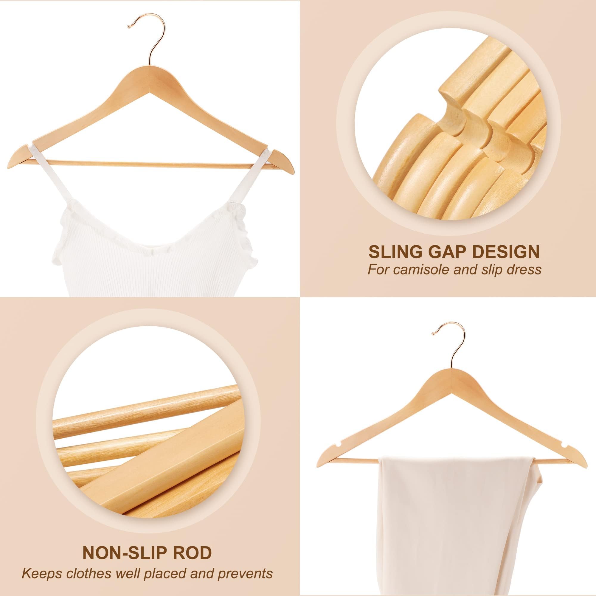 HOUSE DAY Perchas de Madera, 20 Piezas, Ganchos de Oro Rosa, Perchas Resistentes, Superficie Lisa Natural, Perchas de Madera de Primera Calidad para Ropa, Traje, Colores Naturales