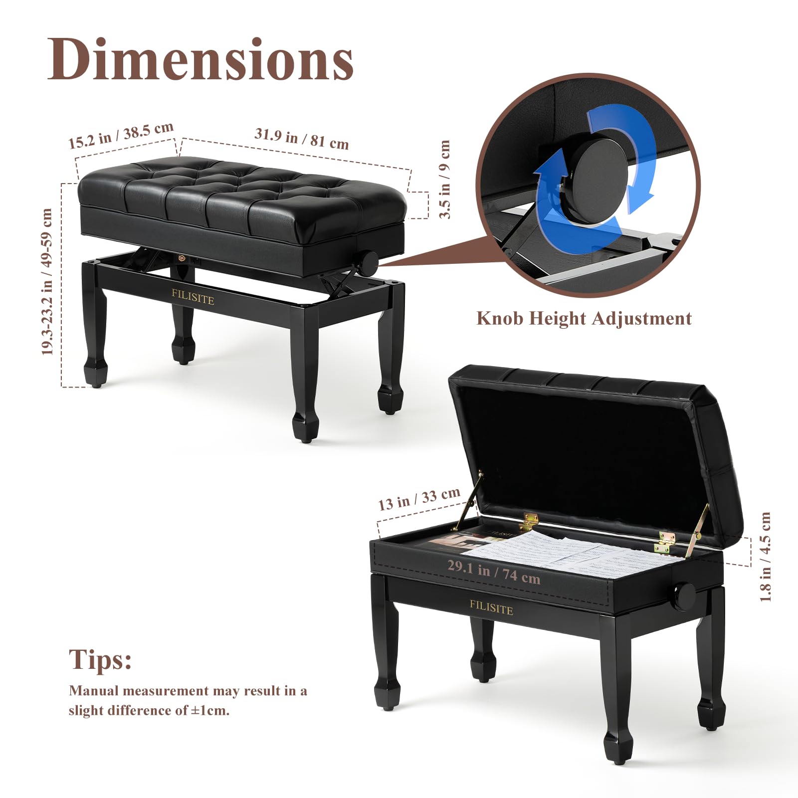 XHJ-11G Klavierbank aus echtem Leder, mit Stauraum, Verstellbarer, robuster Doppel-Keyboardsitz aus Holz, Schwarz