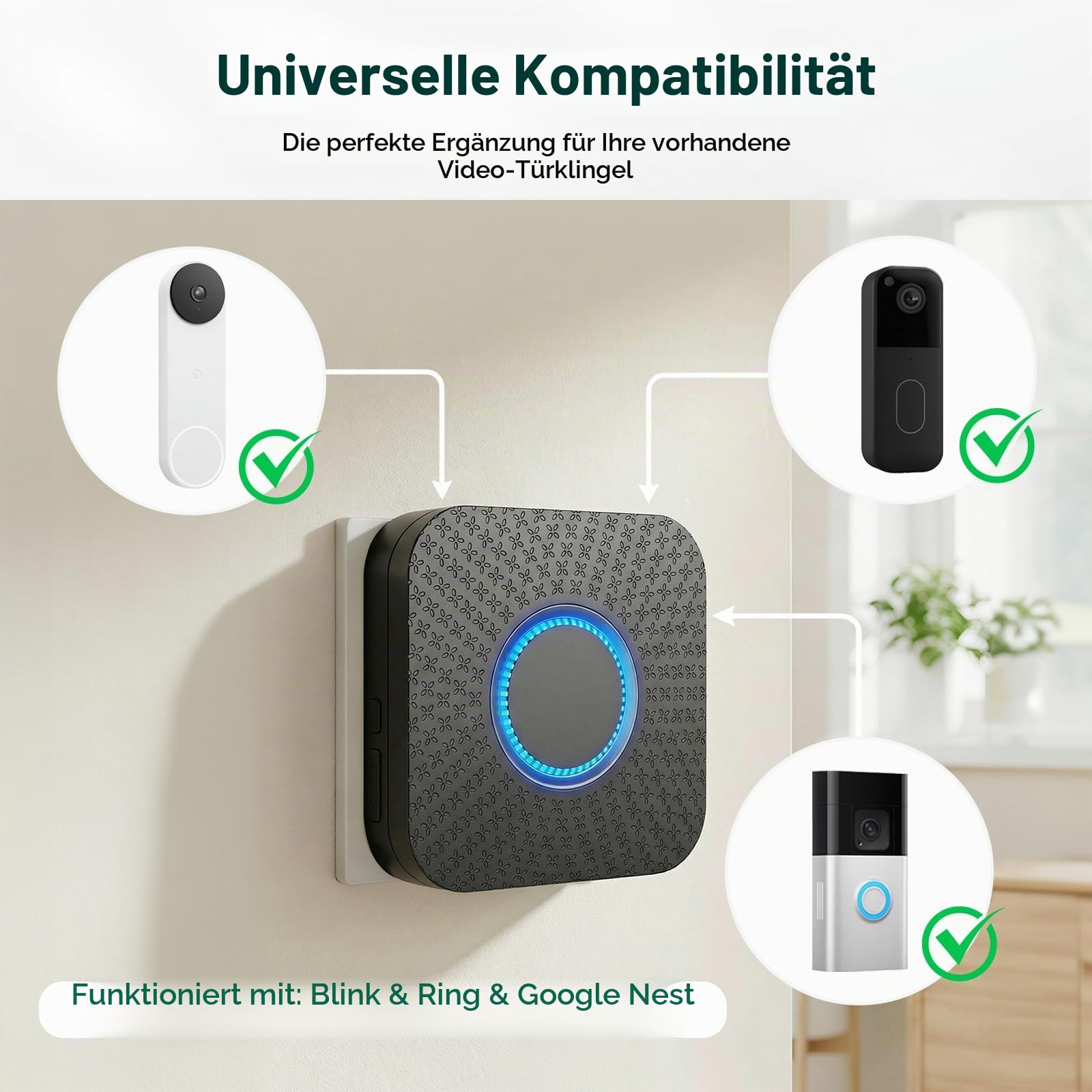 2 Pack Funk Erweiterung Set Türklingel, 3-in-1 Türklingel Verlängerung | Kompatibel mit Blink, Ring und Google Nest Video Doorbell, keine Verkabelung erforderlich, einfache Einrichtung des Em