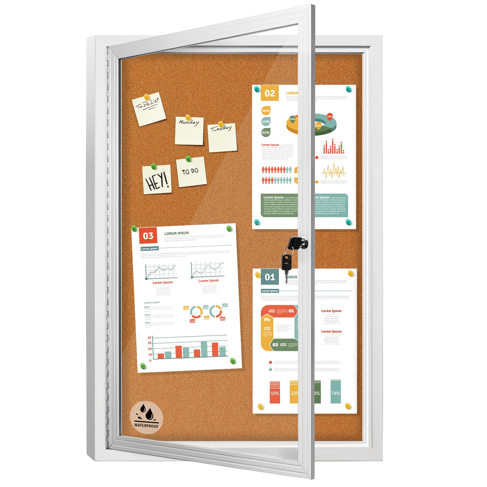 Lockable Outdoor Enclosed Bulletin Board, Weatherproof Cork Noticeboard with Locking Door, Wall-Mounted Aluminum Framed Display Case for Messages,36x24in (5xA4)