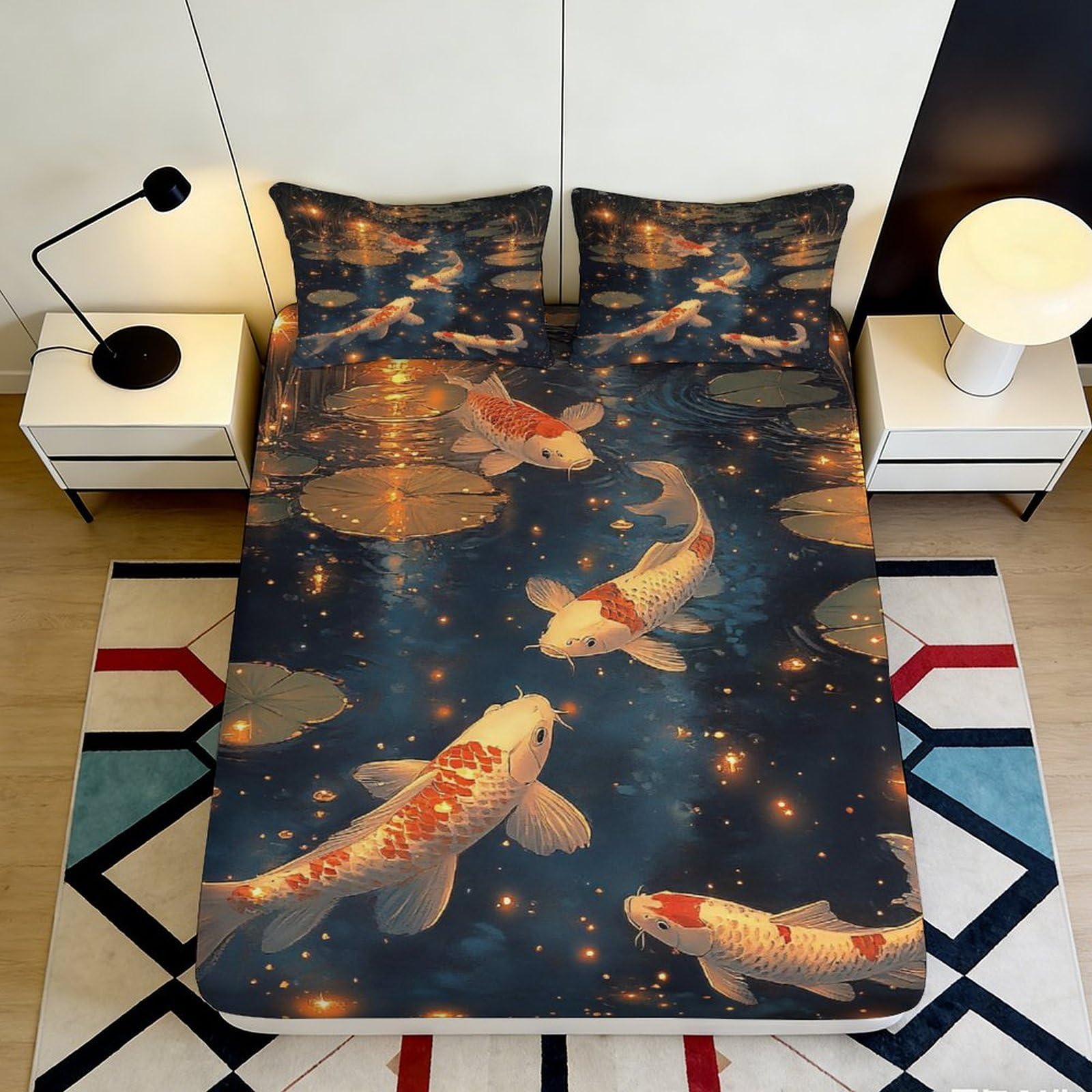 3D Printed Koi Fish Pond Fitted Sheet Microfiber Soft Anti-Slip Bed Cover for Bedroom Dorm Mattress Protection Decor 180x200x25cm