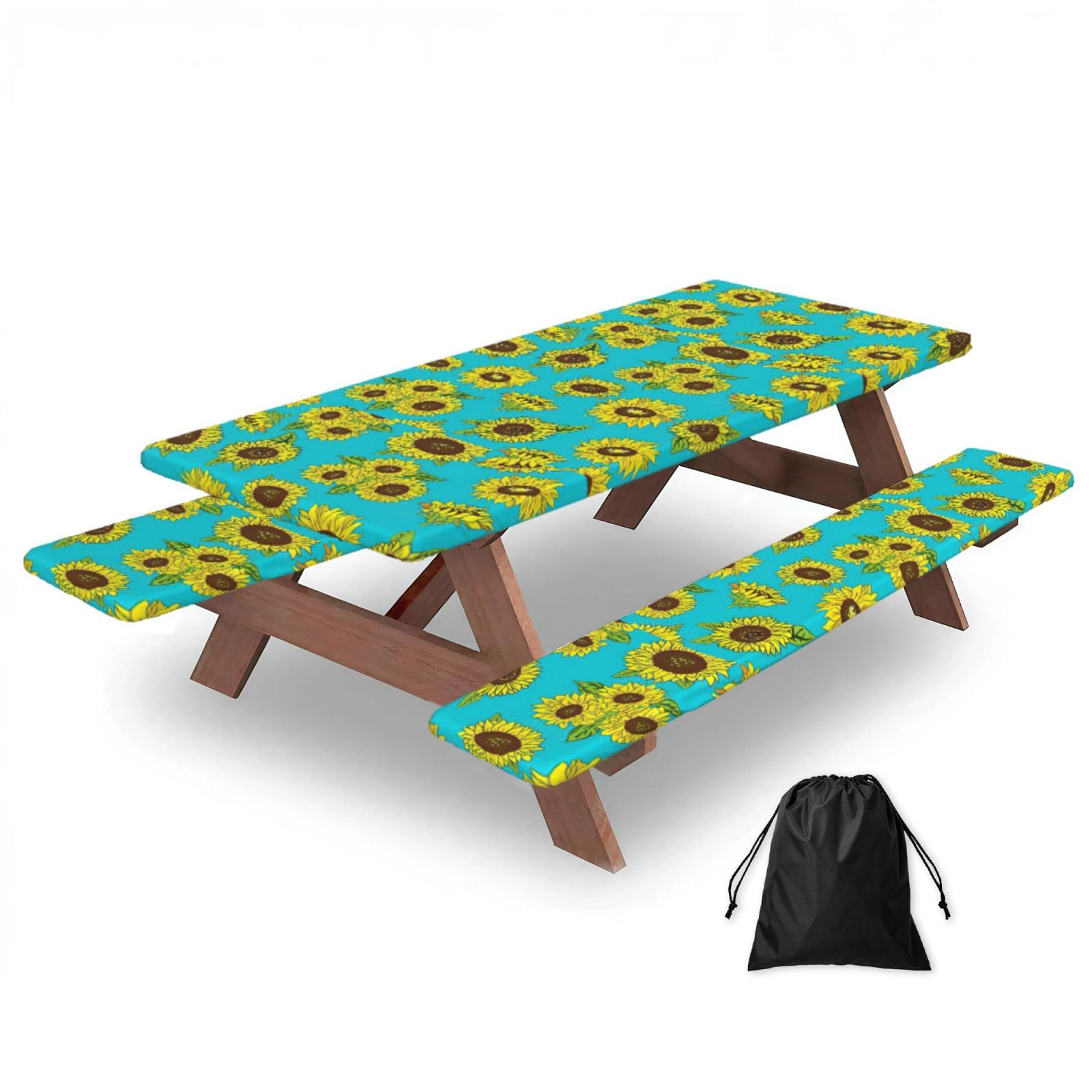 Yqxwjl Black Sunflowers Pattern Print Camping Essentials Waterproof Camping Table And Bench Cover With Drawstring Bag 183 Cm
