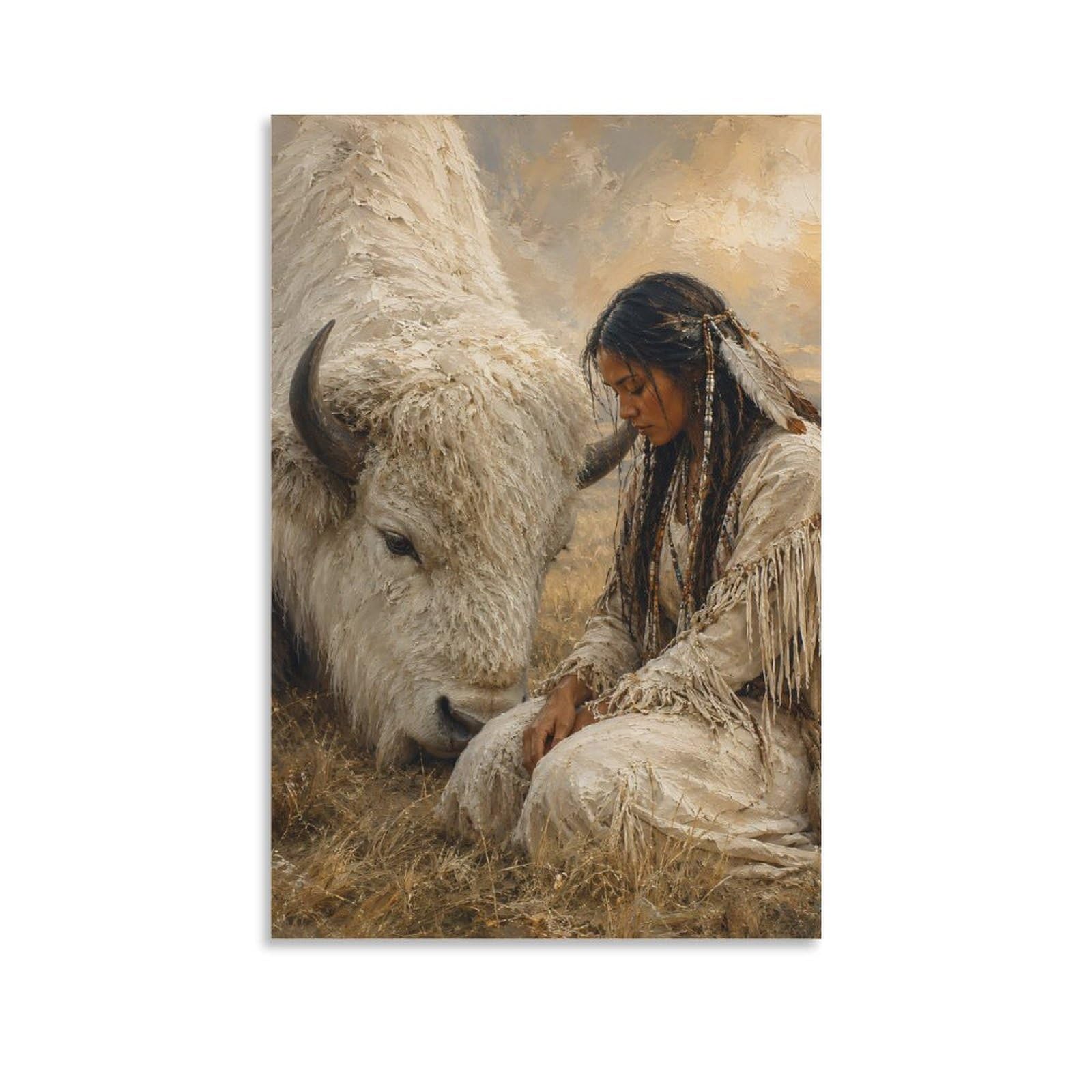 W7C8U2X3 White Buffalo Woman Portrait Canvas Wall Art, Rustic Western