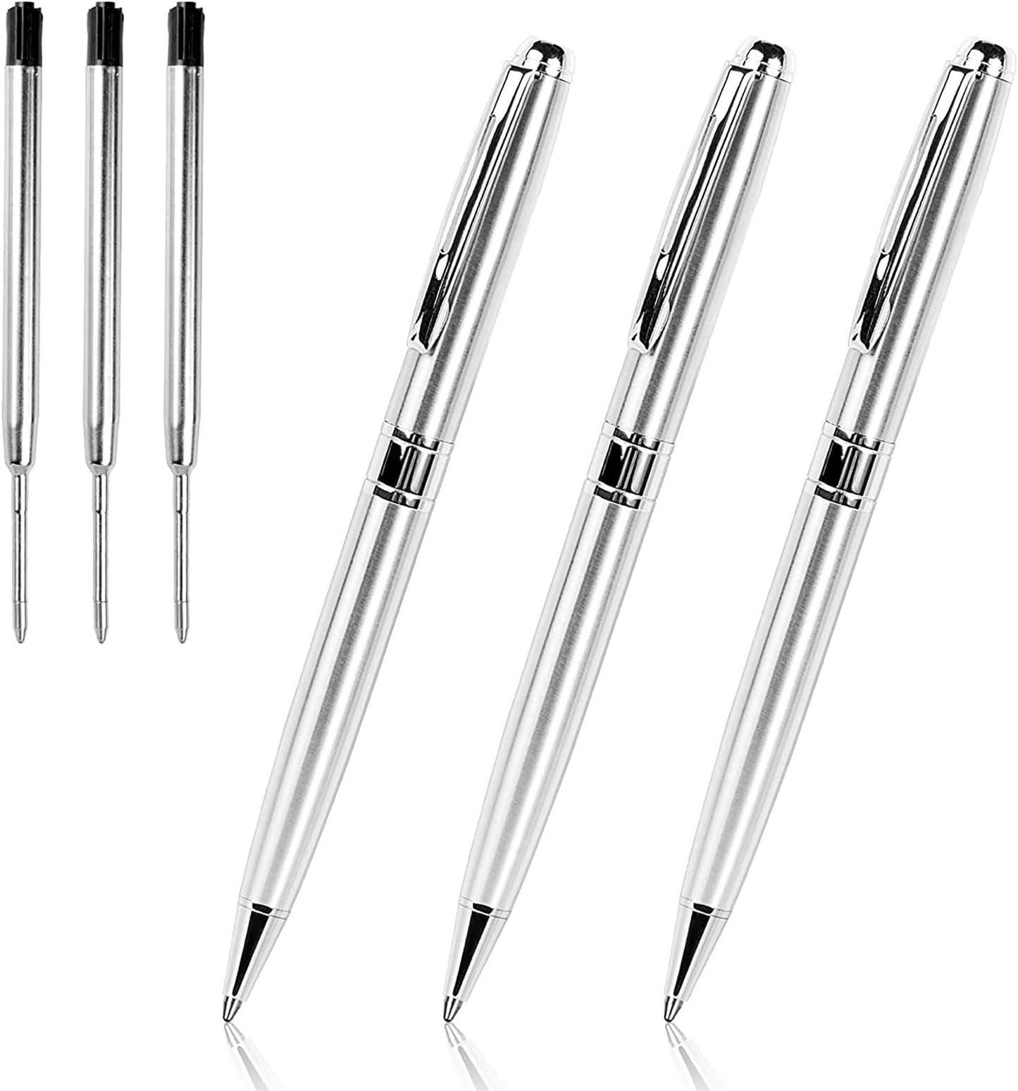 Cambond Ballpoint Pens Black Ink - Weighted Metal Twist Silver Pens for Police Uniform Flight Attendant Business, 1.0 mm Medium Point Smooth Writing, 3 Pens with 3 Refills (Silver)