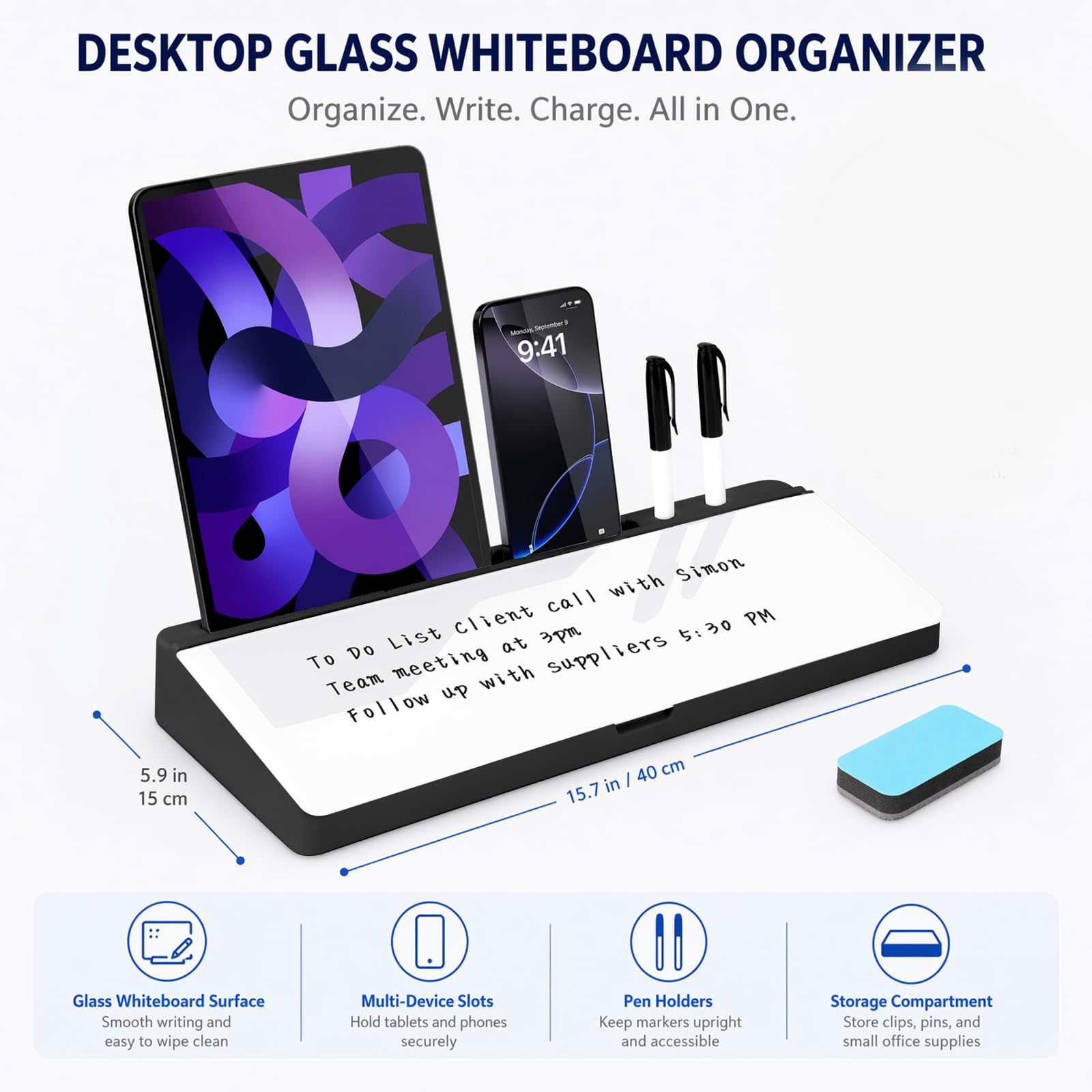 Schreibtisch Whiteboard aus Glas mit Stauraum, Trockenwisch Memoboard, Organizer ersetzt Haftnotizen für Büro & Homeoffice (Schwarz)