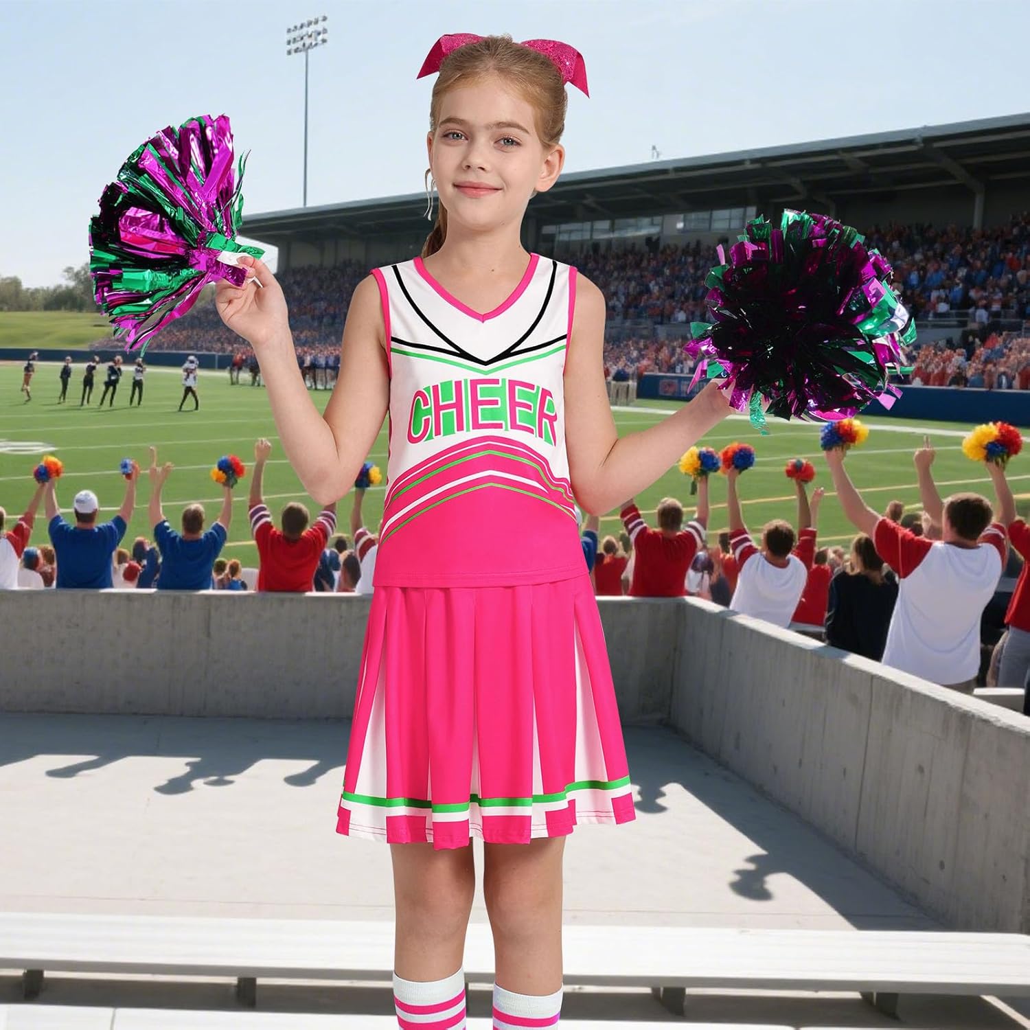 Cheerleader Costume for Girls 6-12Y Halloween Cheerleading Outfit 5Pcs Cheer Uniform Fancy Dress for Party/Sports Day - Image 4