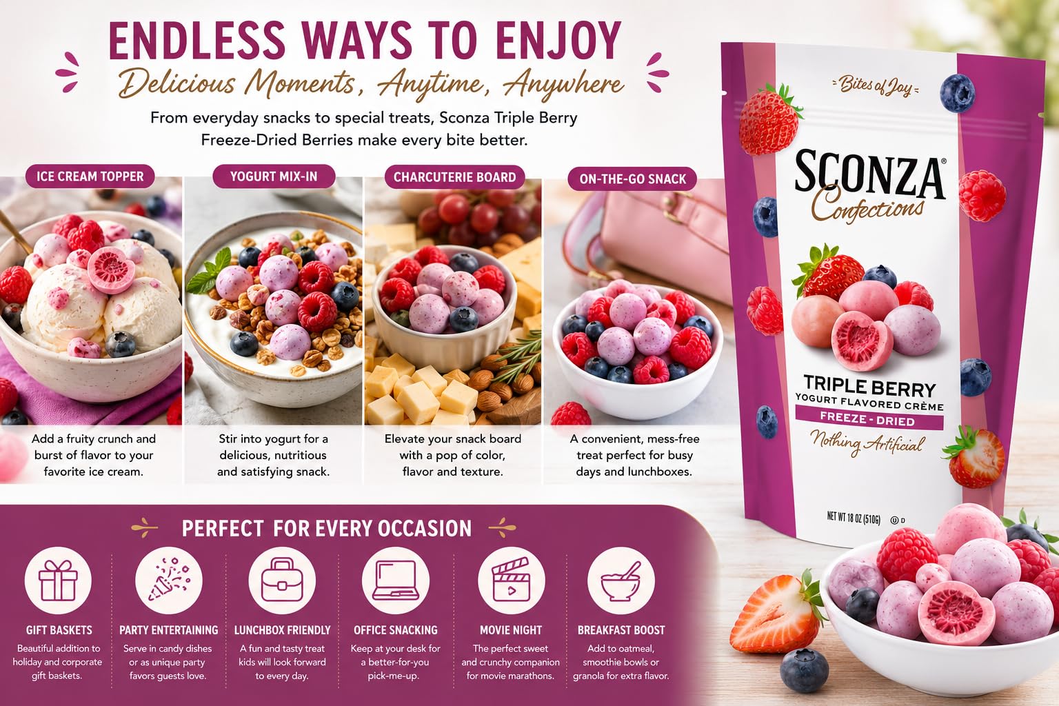 Sconza Triple Berry Freeze-Dried Berries Covered in Yogurt Flavored Crème, Strawberry Blueberry Raspberry Candy Snack, Resealable Bag, 18 oz thumbnail 3