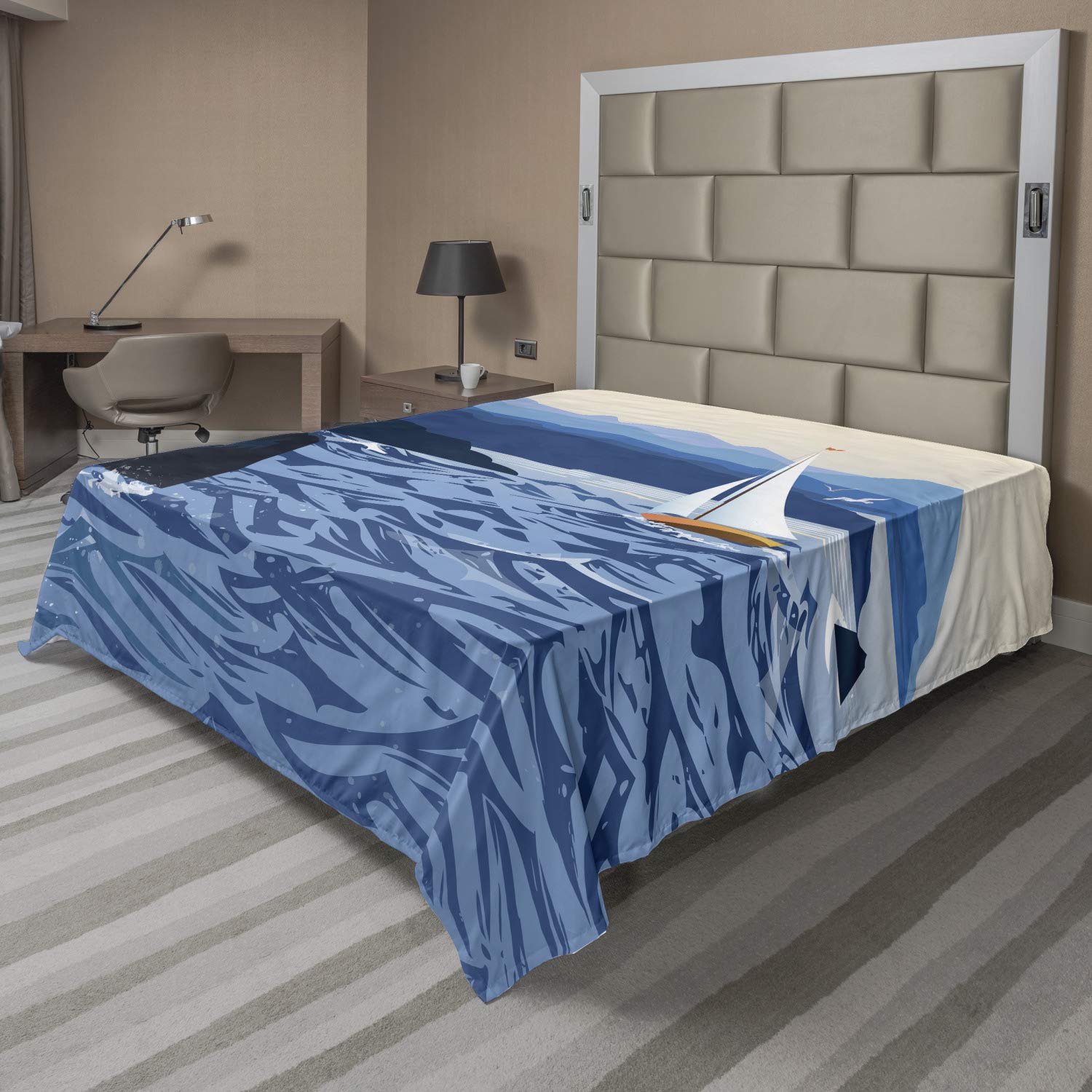 Ambesonne Adventure Flat Sheet, Print of a Seascape Themed Sailing Boat Floating on Water Natural Outdoor Scene, Soft Comfortable Top Sheet Decorative Bedding 1 Piece, Queen Size, Multicolor