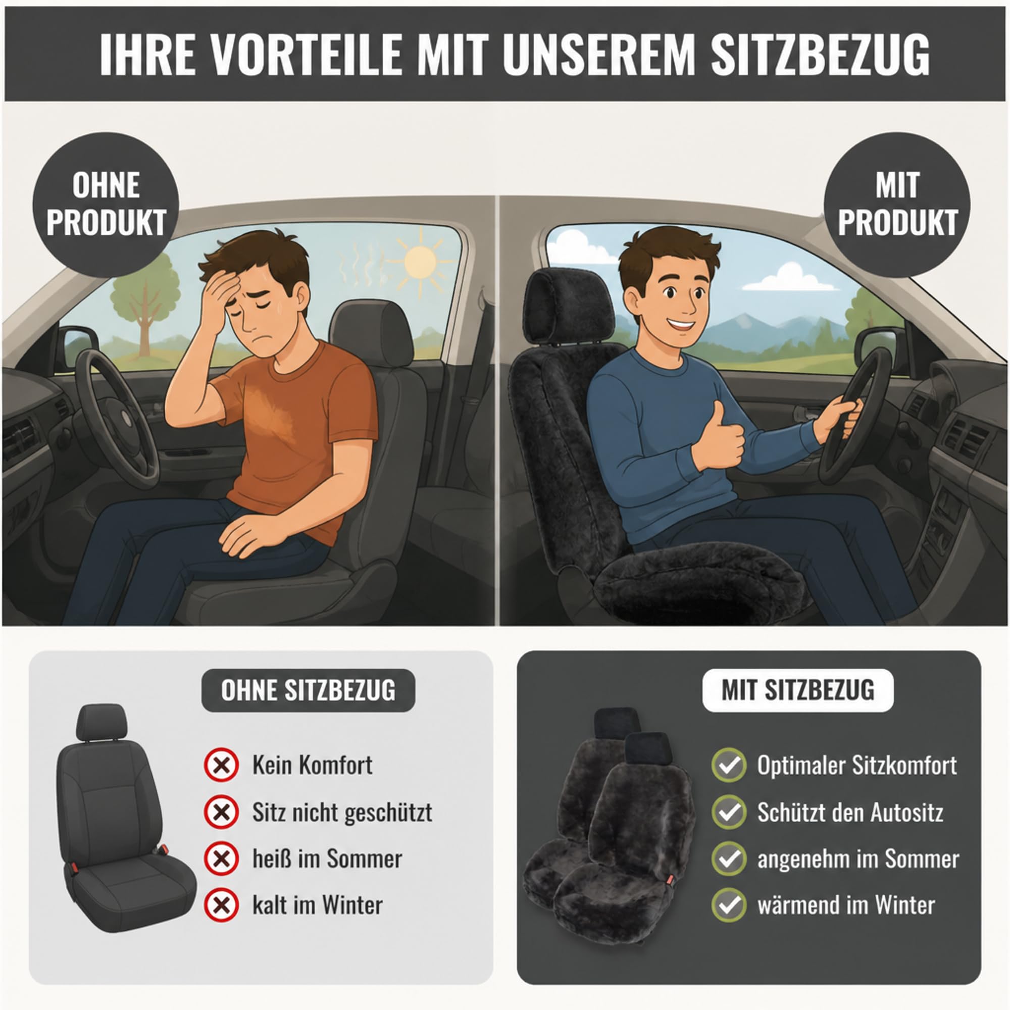 Felle Autositzbezug/Autofell Premium aus hochwertigem Lammfell – 2 Stück – Universelle Passform – Geeignet für alle Jahreszeiten – Einfache Montage – Lange Haltbarkeit (Schiefer)