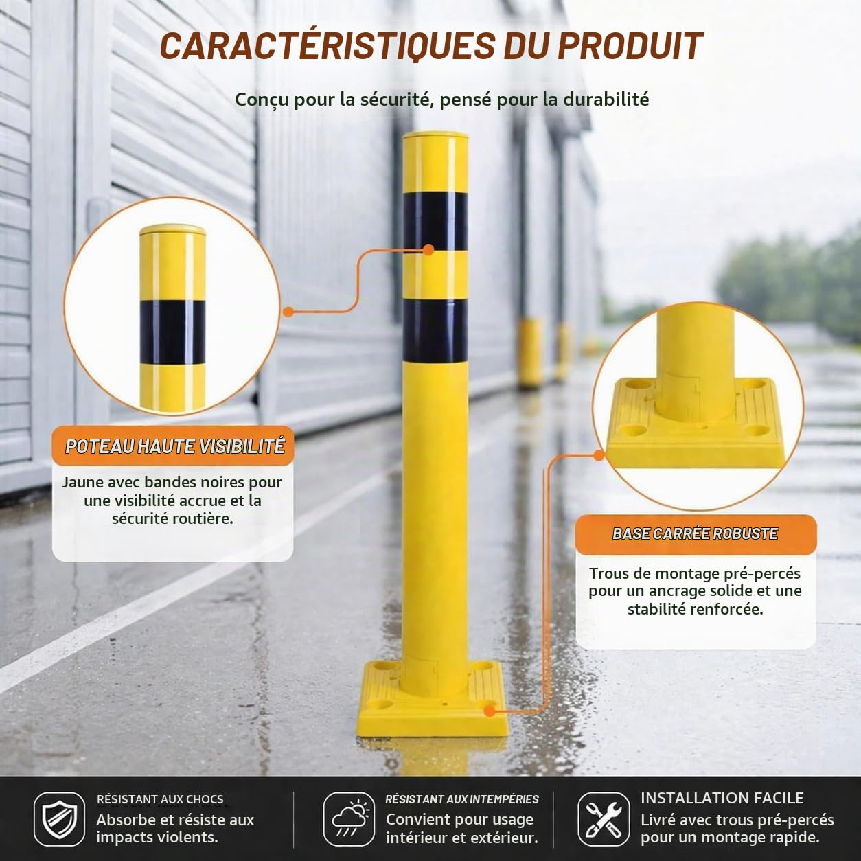 Bollard de Sécurité Flexible, Diamètre 10 cm, Poteau Résistant aux Chocs et Flexible pour la Gestion du Trafic, la Sécurité des Parkings et des Entrepôts (90 cm de Hauteur)