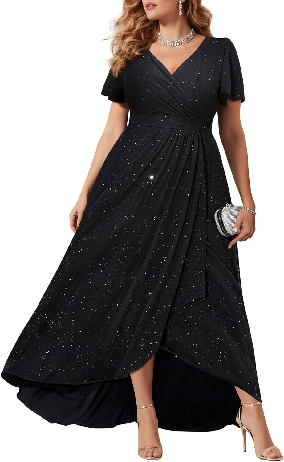 Pinup Fashion Plus Size Formal Dresses - Evening Gowns Wedding Guest Gala Prom Glitter Long Dress with Slit