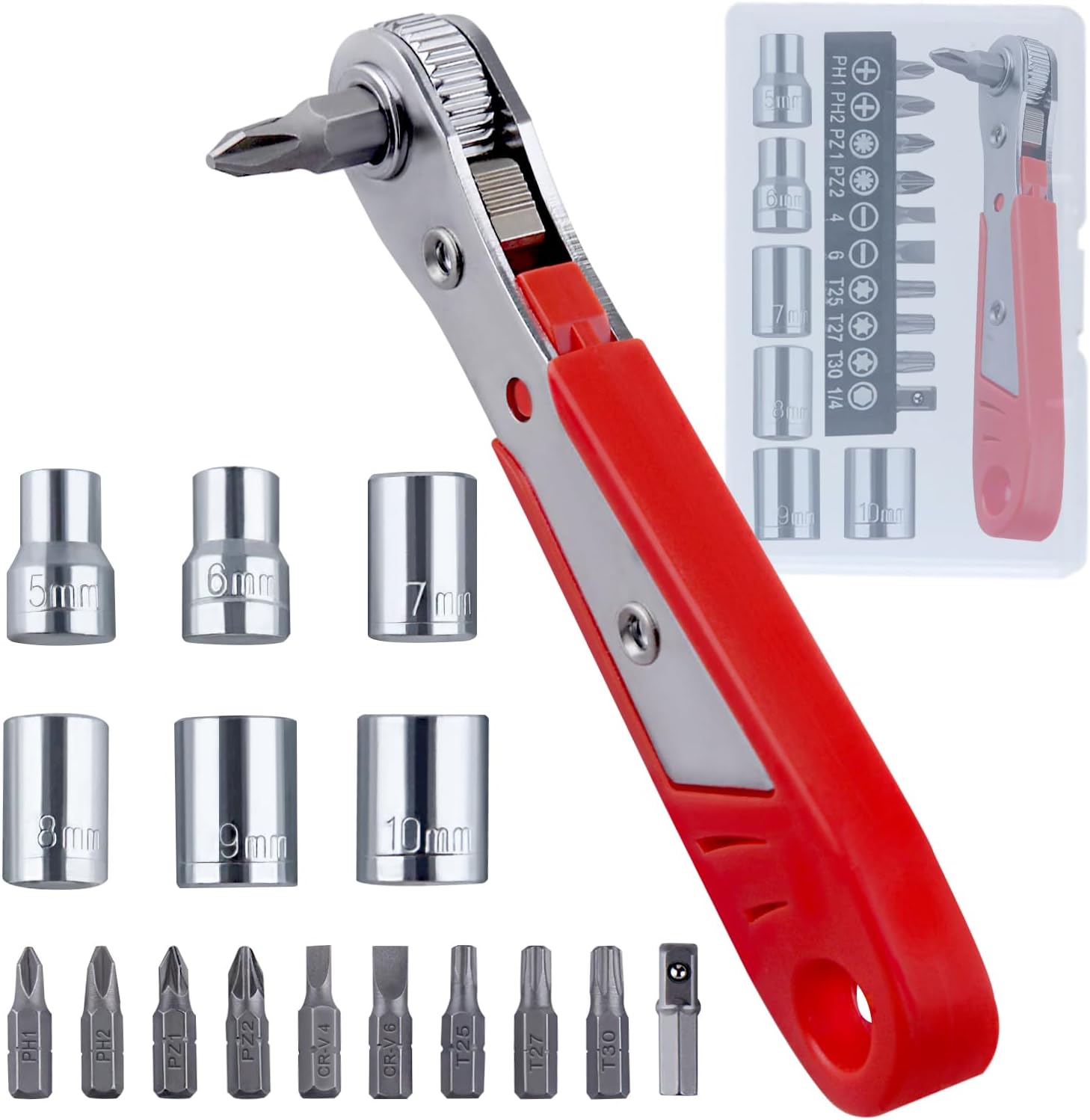 17 PCS Right Angle Ratcheting Screwdriver Set, 90 Degree Offset Screwdriver for Tight Spaces, 36-Tooth Reversible Mini Ratchet Set with 1/4" Phillips/Pozidriv/Slotted/Torx Bits and Sockets