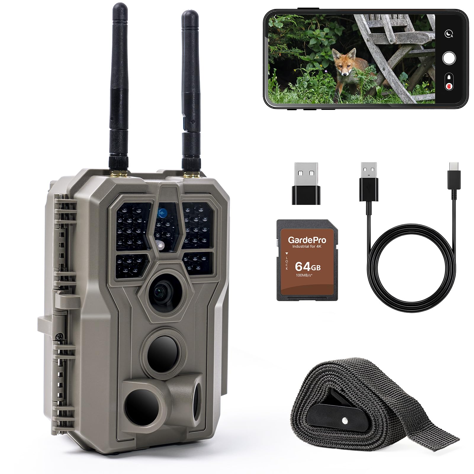 GardePro E8 2.0 Cámara de Caza, WiFi de Doble Antena con Tarjeta SD de 64GB, 64MP 4K H.264, Alcance de Visión Nocturna de 30m y 0,1s Tiempo de Activación, LED IR de 940nm No-Glow, IP66