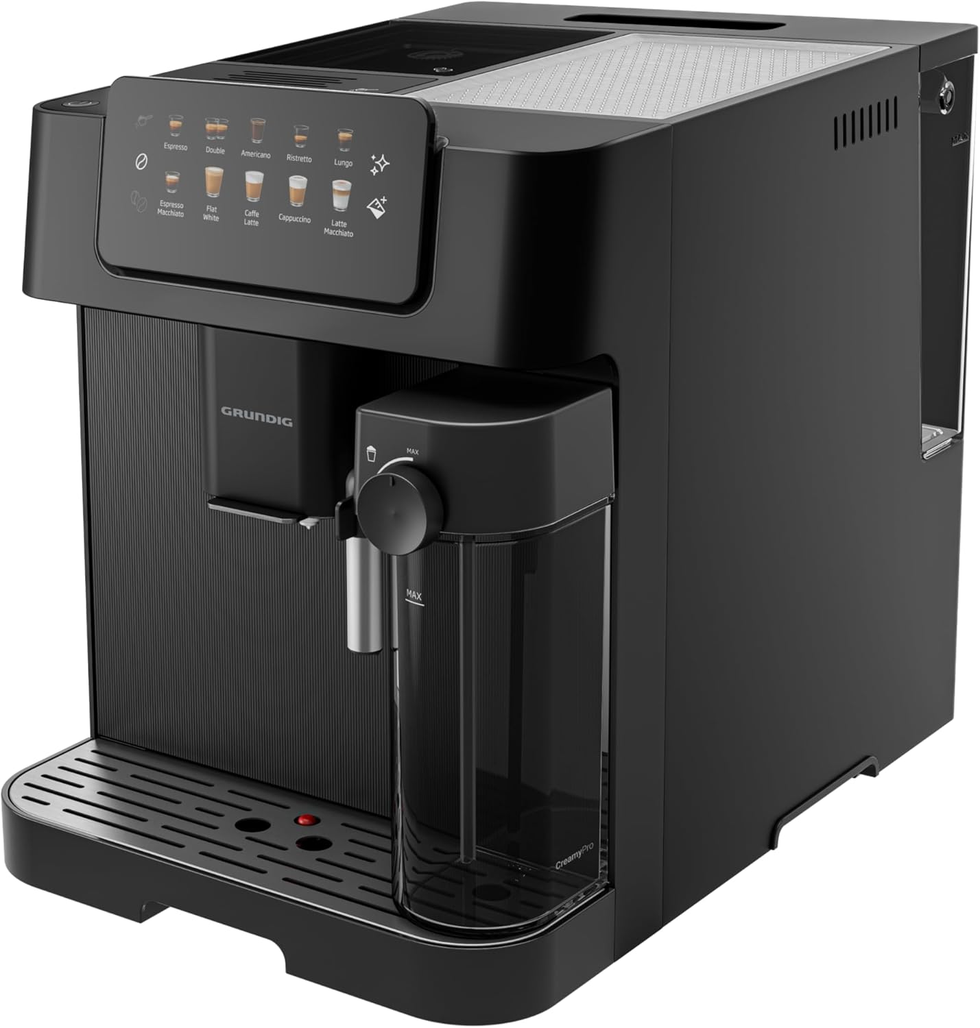 Szczyt view of GRUNDIG KVA 6530 showing coffee beans being poured into the bean hopper