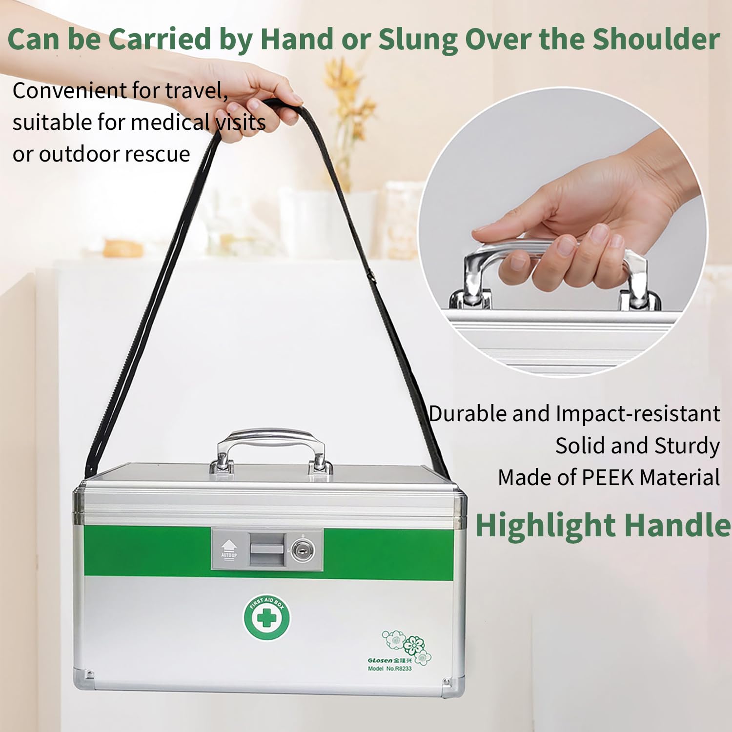 Cassetta per Medicinali con Serratura e Maniglia, Scatola Porta Medicine, Portatile Scatola di Pronto Soccorso, Cassa per Medicinali con Serratura a Chiave e Vassoio Rimovibile 25×17,5×17,5 cm