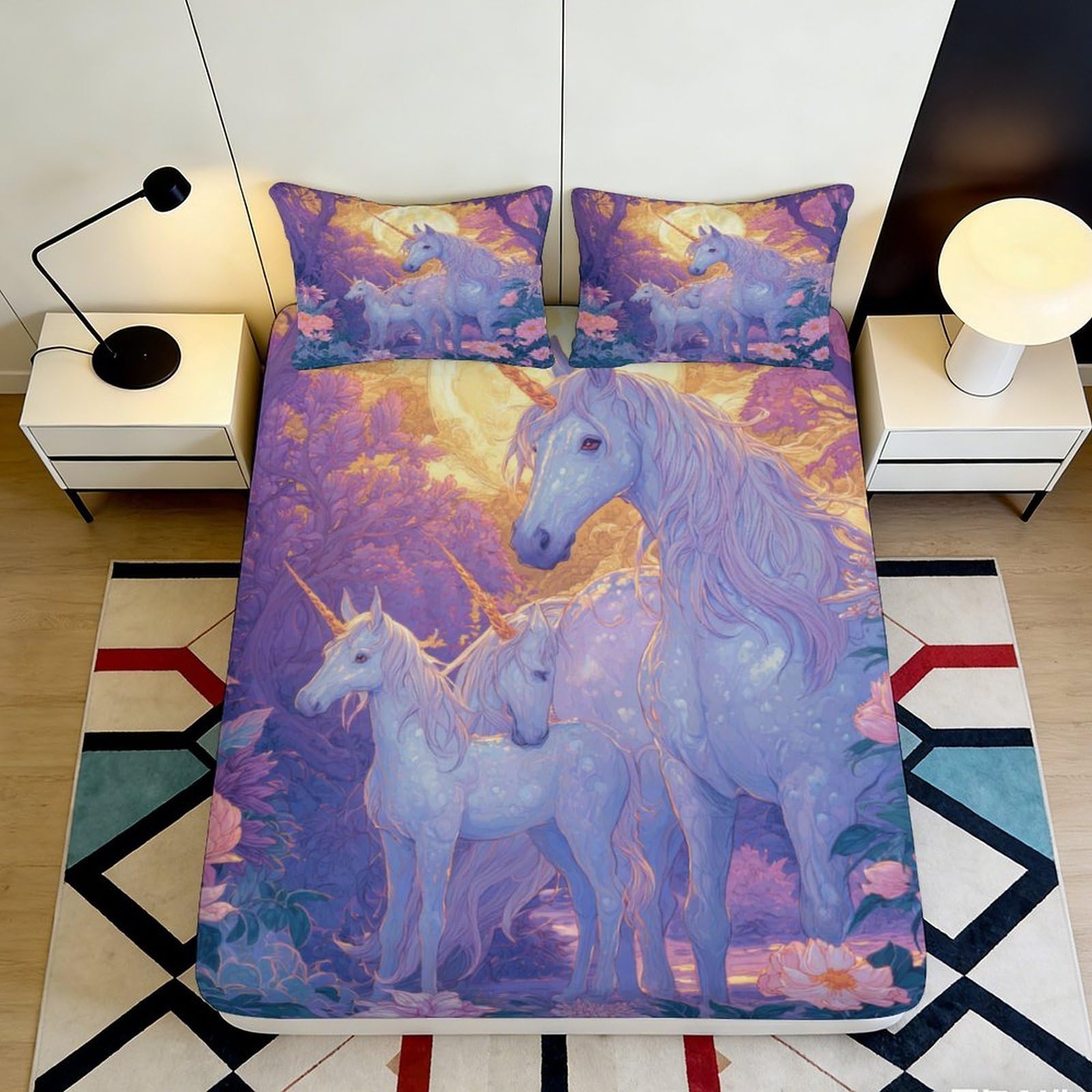 3D Printed Purple Unicorn Fitted Sheet Microfiber Soft Non-slip Mattress Cover Fantasy Forest Bed Decor for Bedroom Guest Room 90x200x25cm