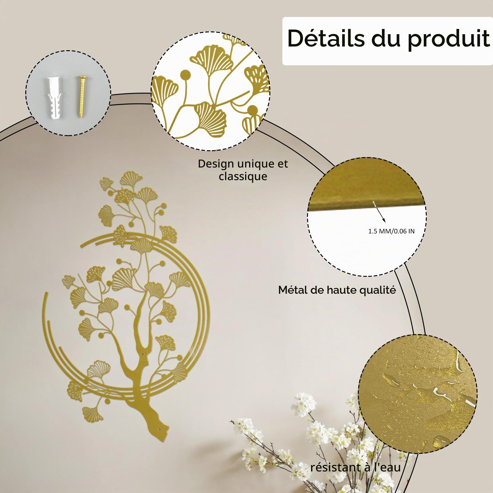 Décoration murale en métal avec grandes feuilles de ginkgo - Convient pour le salon, la chambre, le bureau, le bureau (doré)