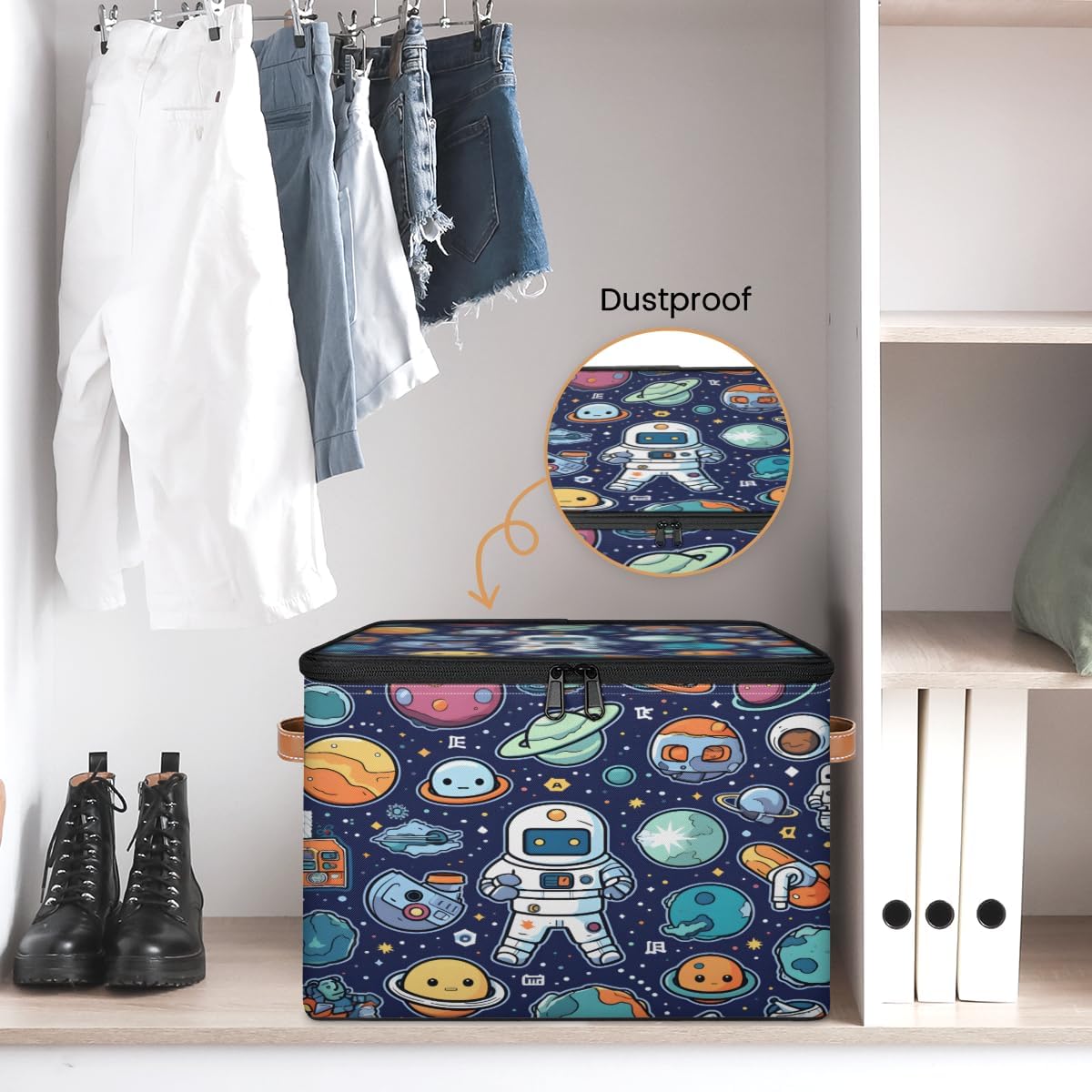 Storage Bin Set of 2 Galaxy Astronauts Storage Basket with Zipper Lid & Handle Foldable Closet Shelf 2 Pack Cloth Organizer Basket Cube Bins Clothes Organizer for Bedroom, Nursery
