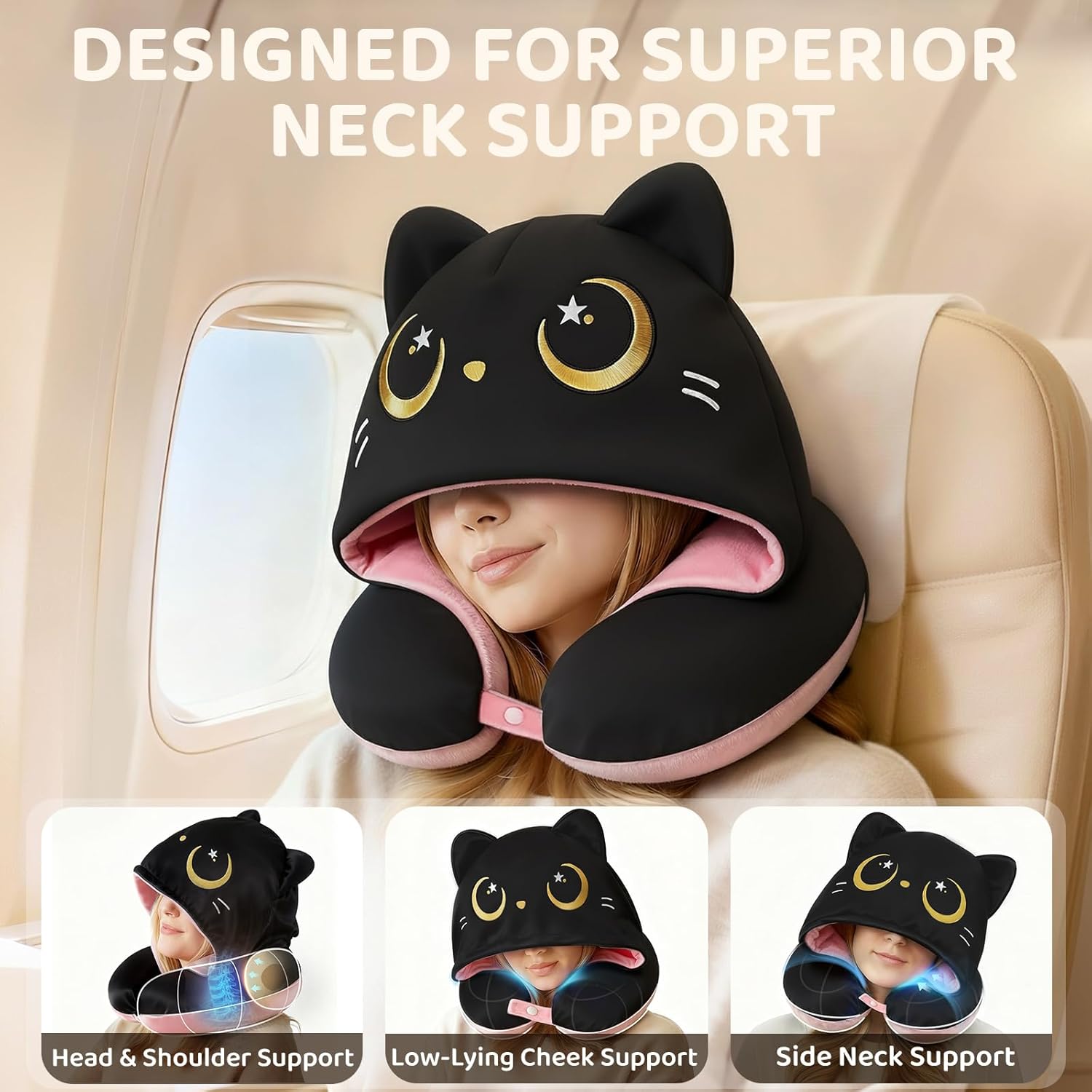 Mewaii Travel Neck Pillow with Hood for Airplanes,Memory