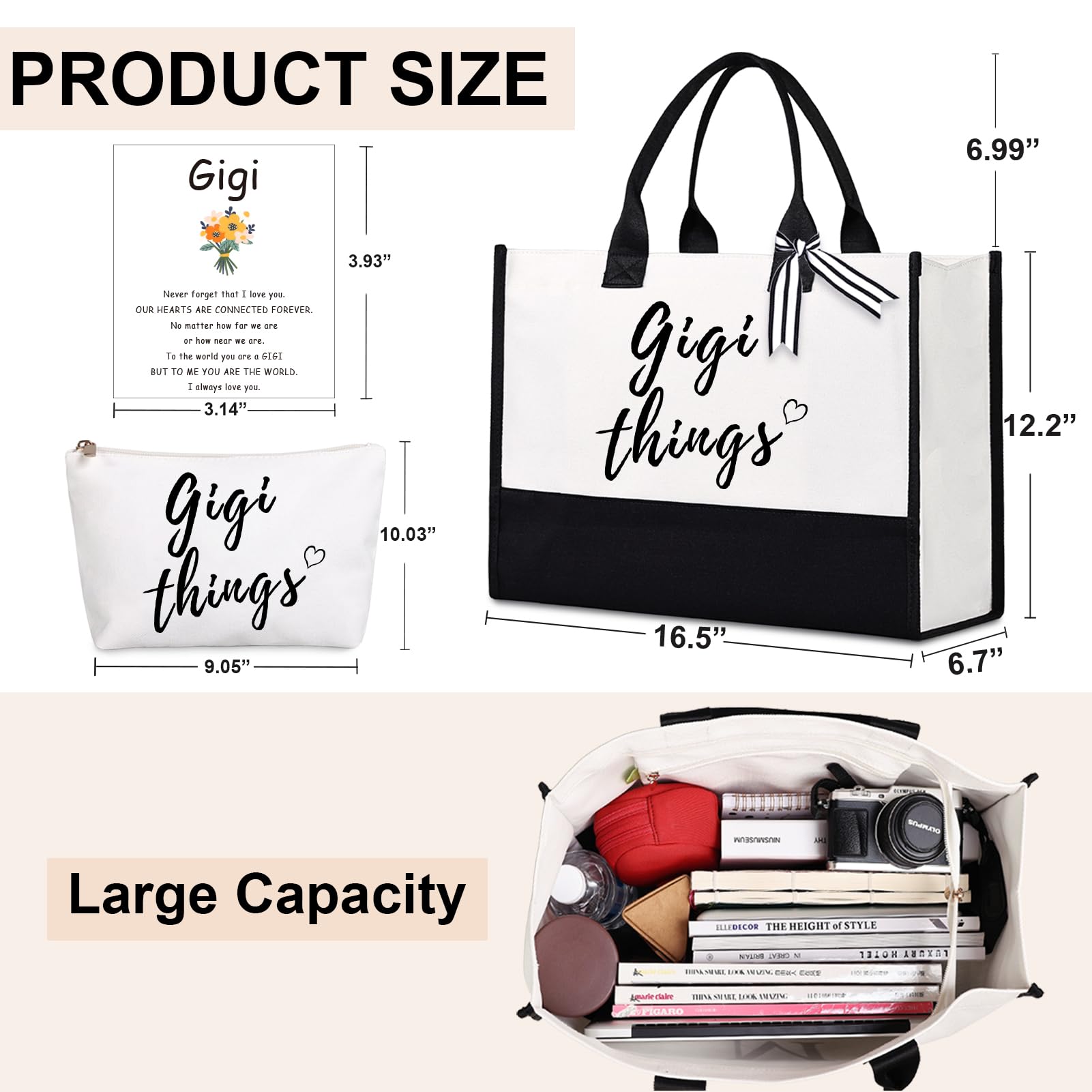 Lamyba Gigi Gifts - Gigi Things Tote Bag with Makeup Pouch - Mother's Day Gift for Gigi, Grammy, New Grandma - Birthday, Christmas, Baby Shower Gifts