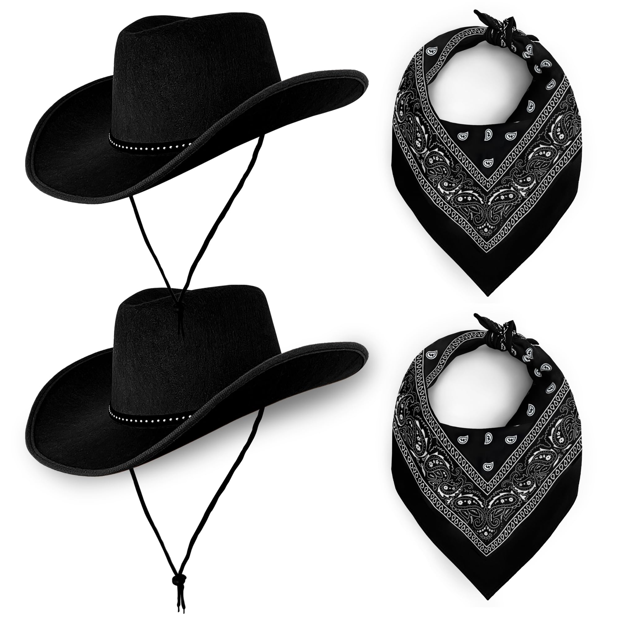 Cowboy Hats Pack of 2 Unisex Felt Western (2x Black Hat & 2x Black Bandanas) Texas Texan Costume Accessories for Men, Women, Adults Wild West Fancy Dress Party